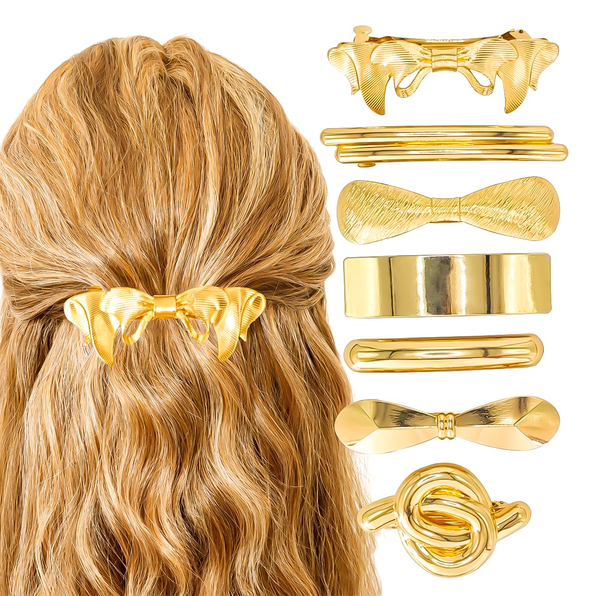 Gold Hair Barrettes for Women, Metal French Hair Clips, Simple Spring Snap Hair Barrettes Large for Thin Hair Ponytail Accessories (C-7Pcs)