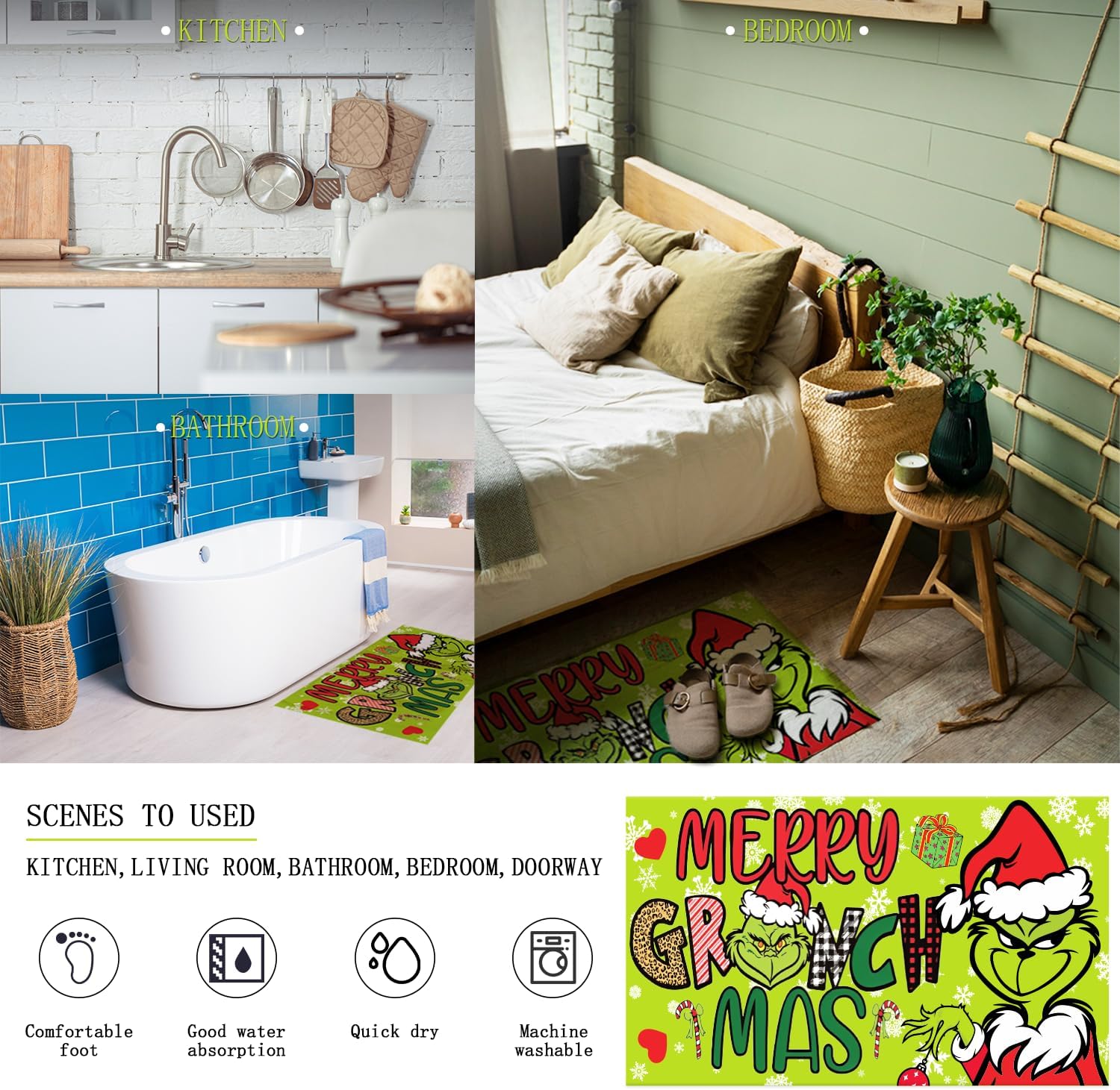 4 Pcs Christmas Bathroom Set, Christmas Shower Curtain Sets Ho Ho Ho Shower Curtain Non-Slip Rugs Toilet Lid Cover and Bath Mat Set 72 X 72 Inches with Hooks Christmas Holiday Bathroom Decor