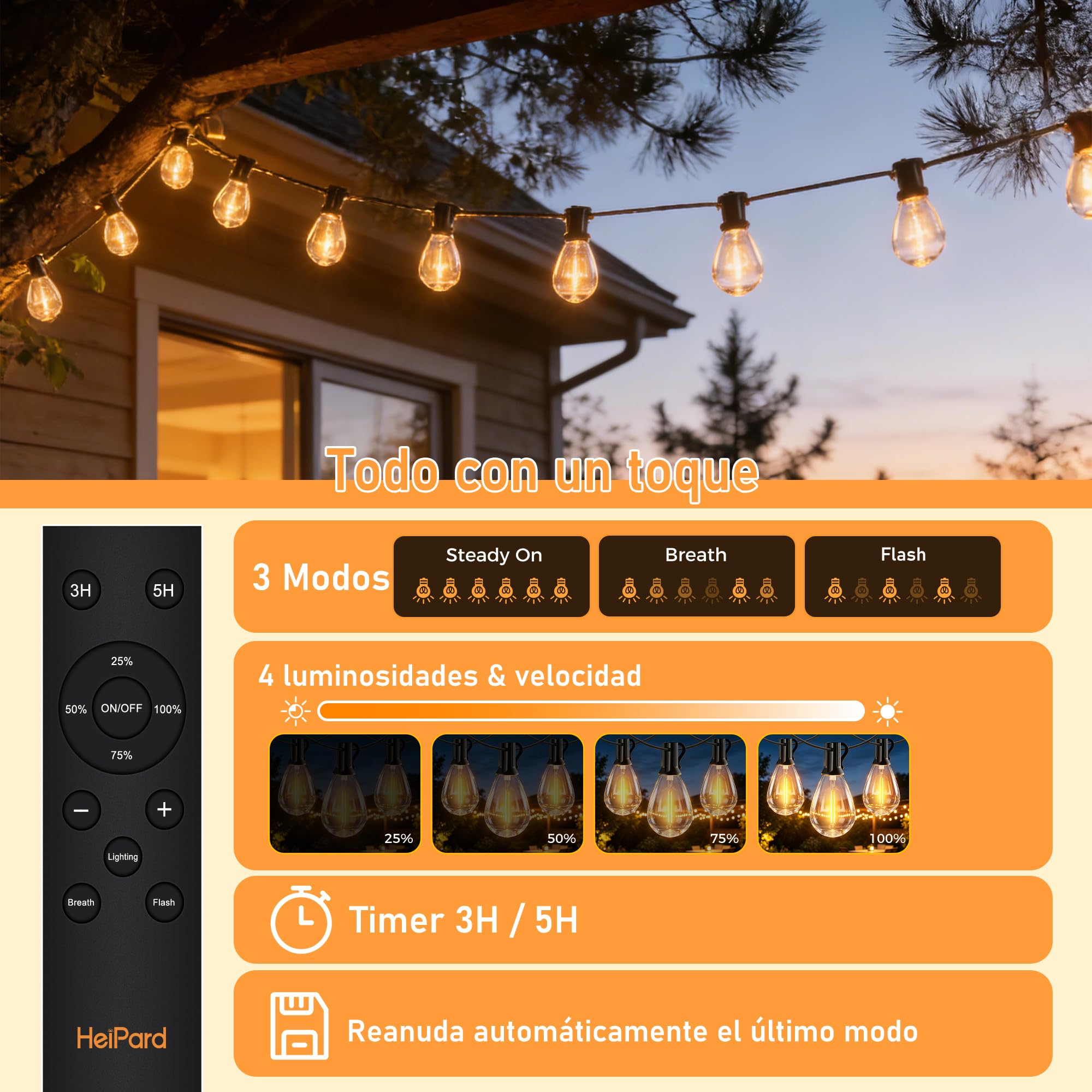 HeiPard Guirnalda Luces Solares Exterior 20m, 35+2 Bombillas LED, Mando