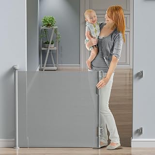 Retractable Stair Gate, Safety Gate for Baby and Pet Stair Gates for Dogs, Extends up to 59" Wide 33" Tall Dog Gate, Mesh Safety Baby Gate for Staircases, Indoors, Outdoors and Hallways