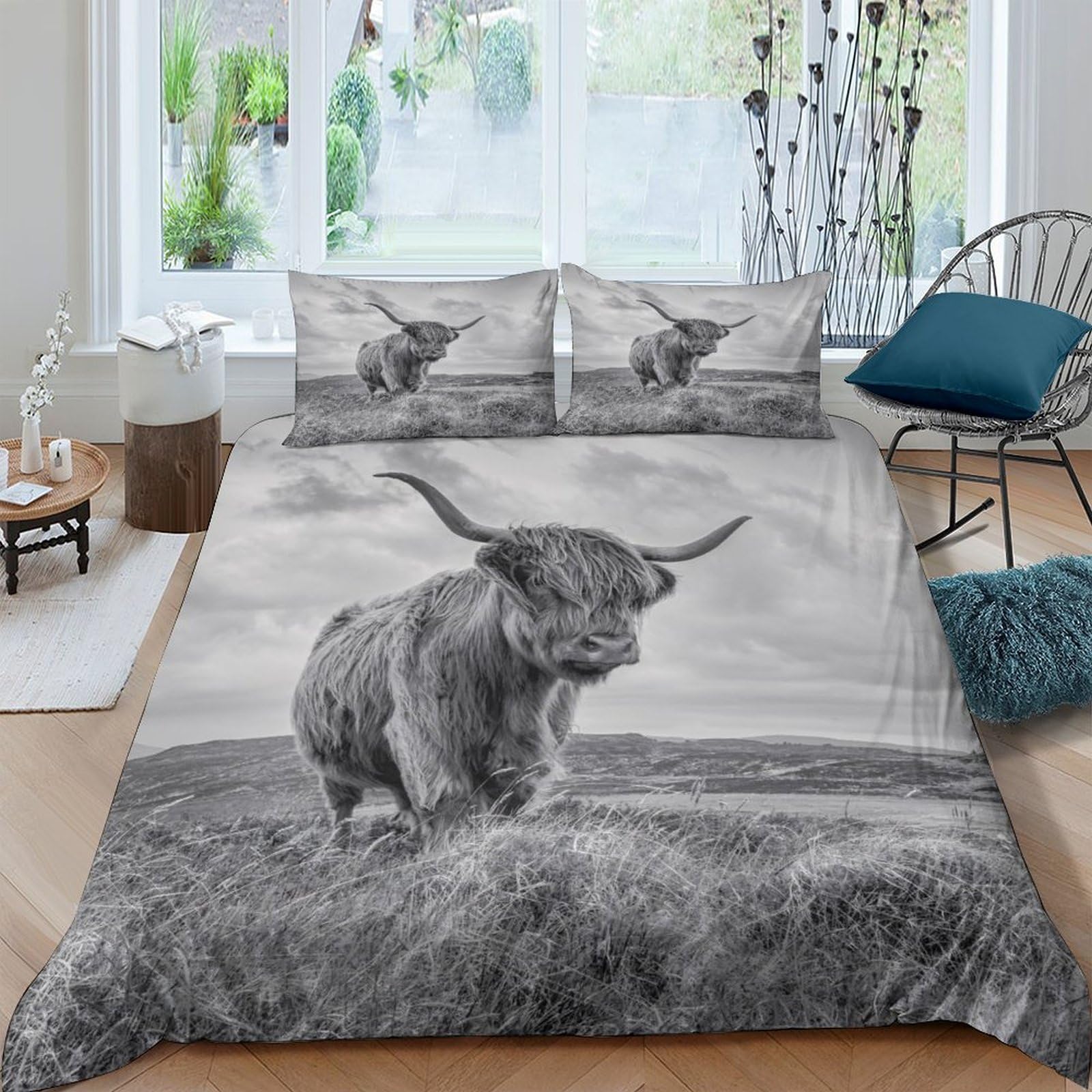 Ctjqhvkz Style-3 3D Printed Highland Cow Fitted Sheet Microfiber Soft Grey Pasture Bed Cover For Bedroom Dorm Mattress Protection Decor Single（135X200cm）