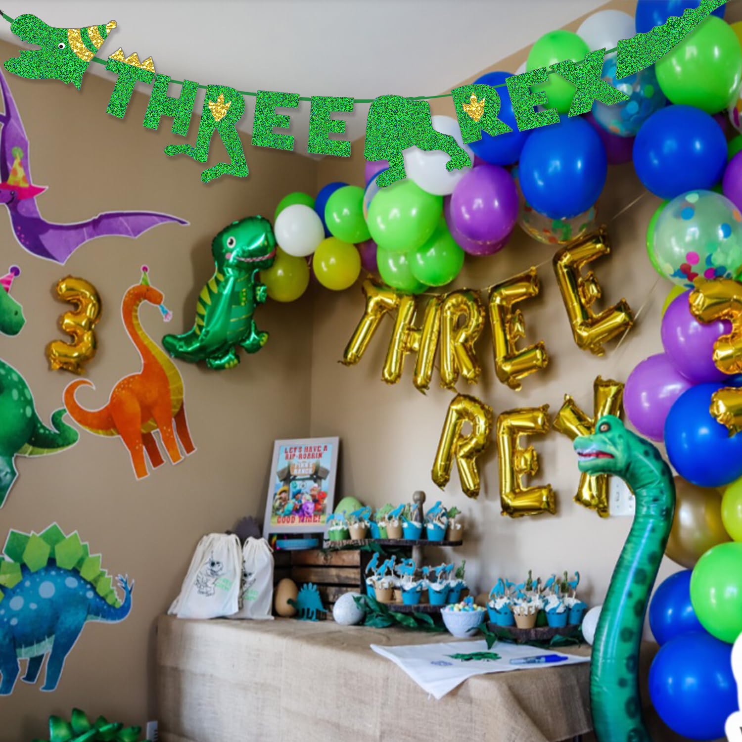 Drei Rex Dinosaurier Banner Für 3. Geburtstag – Grüne Glitzer-Girlande Mit T-Rex Motiven