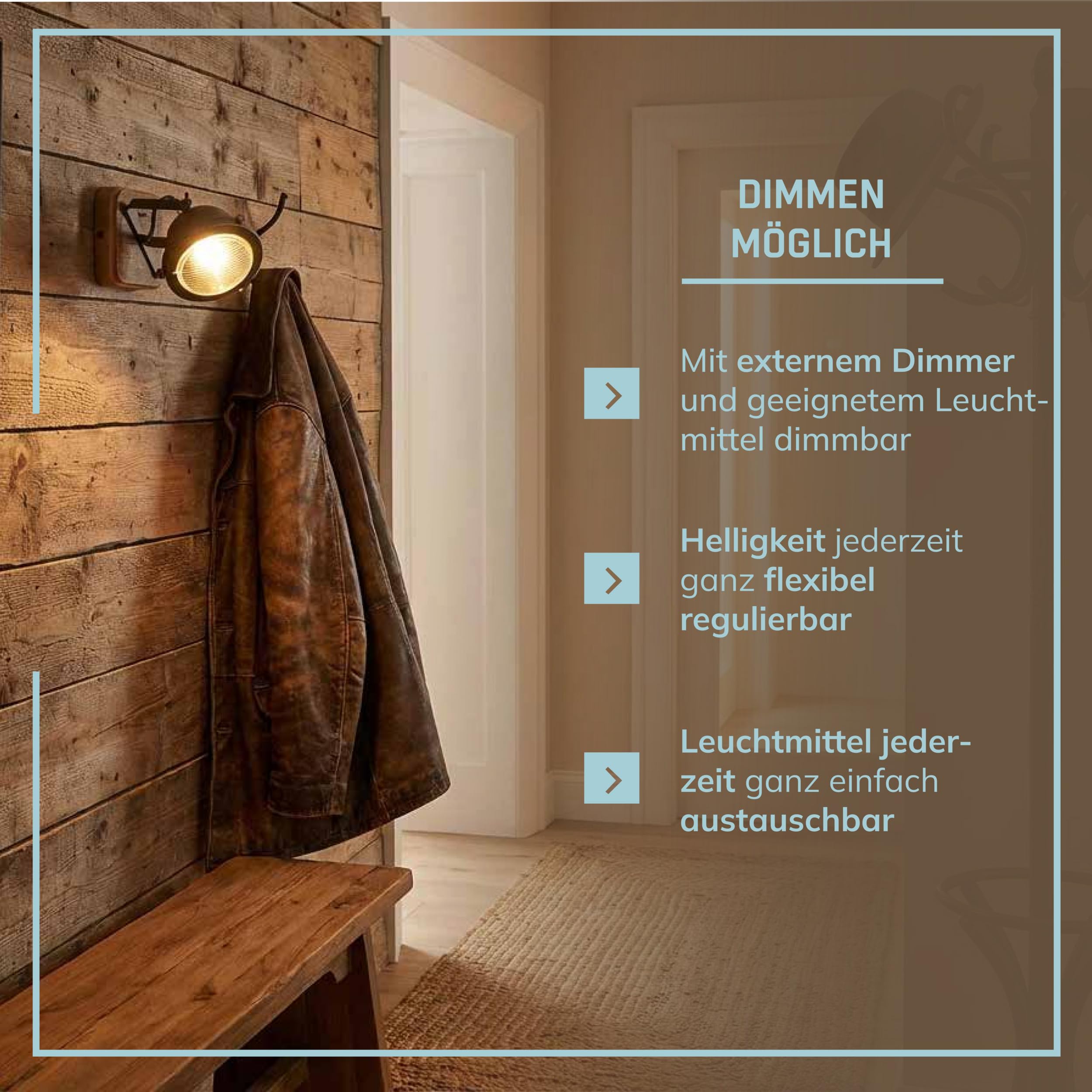 Lightbox rustikaler Wandstrahler mit ausgefallenem Retro Design | 12 x 12cm | Stylischer Wandspot für schönes Flair im Eingangsbereich | Material: Metall/Kiefernholz | Farbe: Braun/Stahlfarben