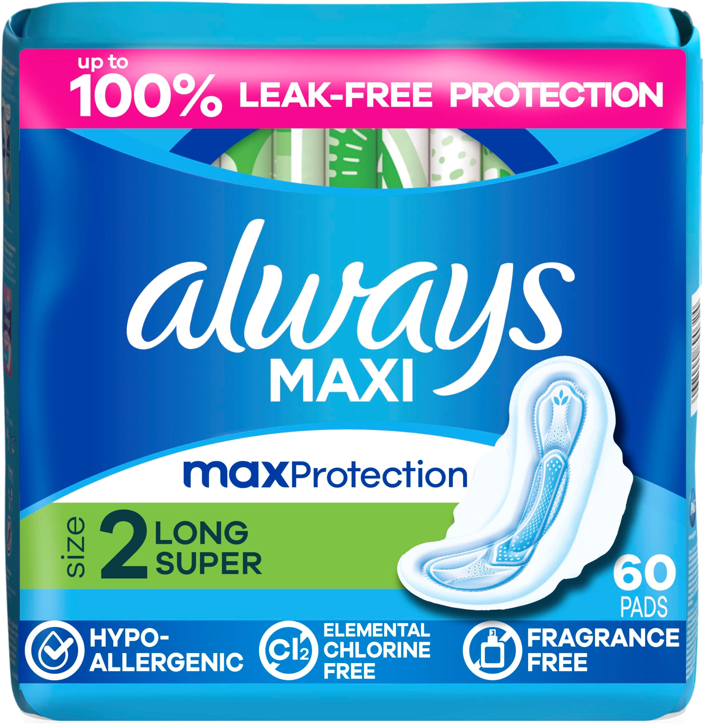 Always Maxi Feminine Pads with Wings for Women, Size 2, Long Super Absorbency, Unscented 60 Count