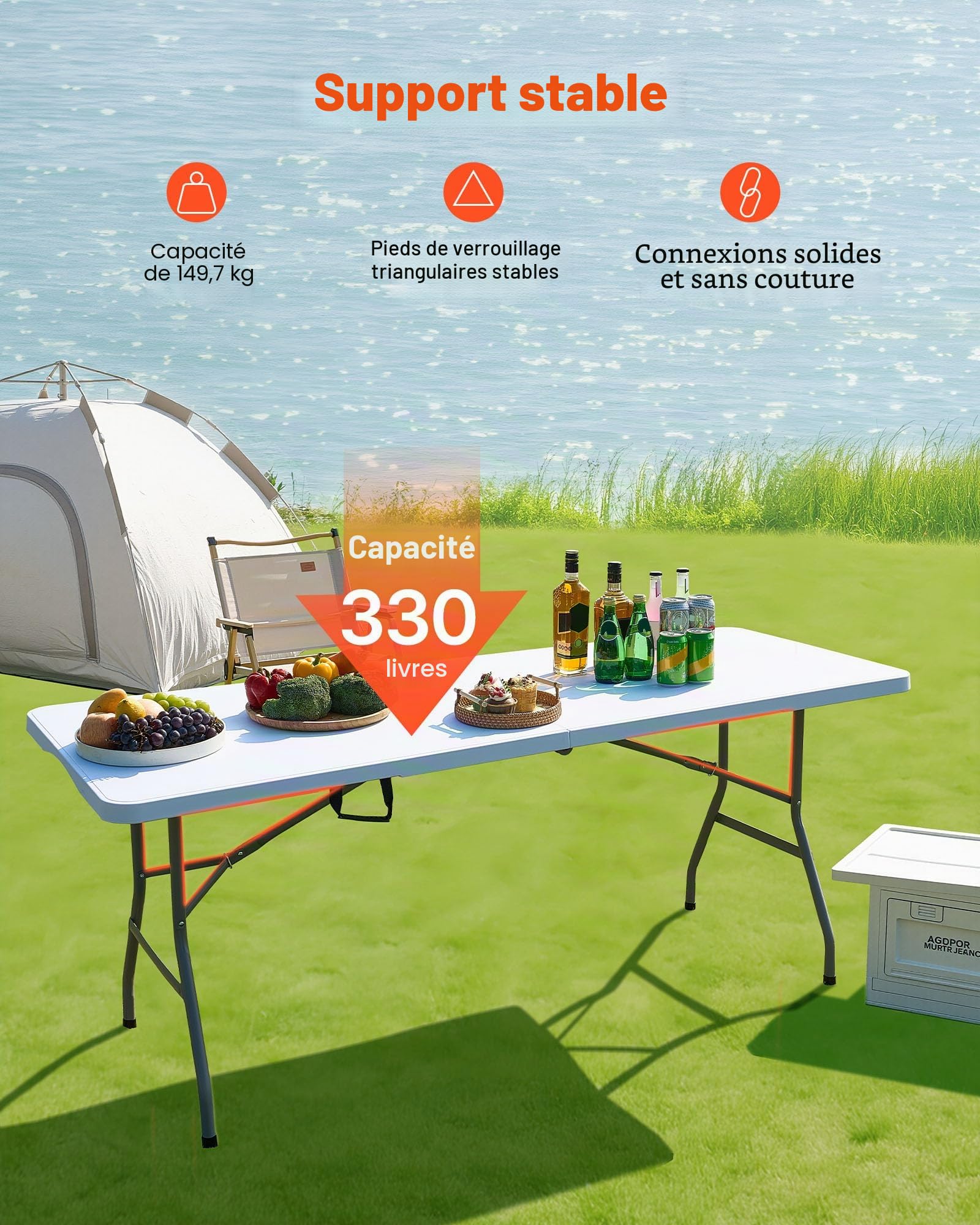 VEVOR Table Pliante Rectangulaire en Plastique, Table Utilitaire Portable de 180 cm, Solide et Stable, avec Poignée Intégrée, pour Soirée, Pique-Nique, Camping, Intérieur et Extérieur, Blanche