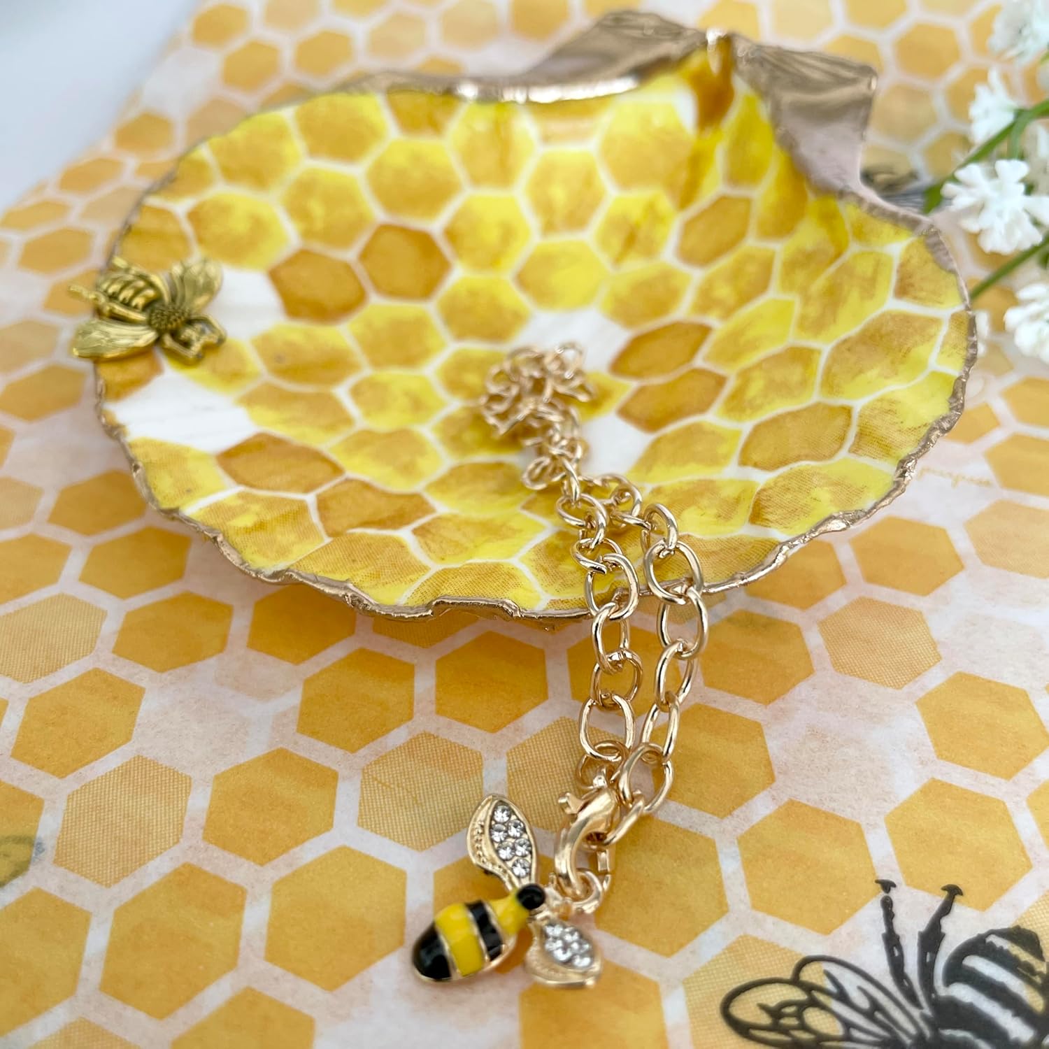 Handmade Jewelry Tray Room-Décor Trinket for Rings/Earrings/Bracelets & Candle Holder Gifts for Women/Girls/Mom/Bride Birthday Wedding Couples Stocking Stuffers Gift Box (Honeycomb)