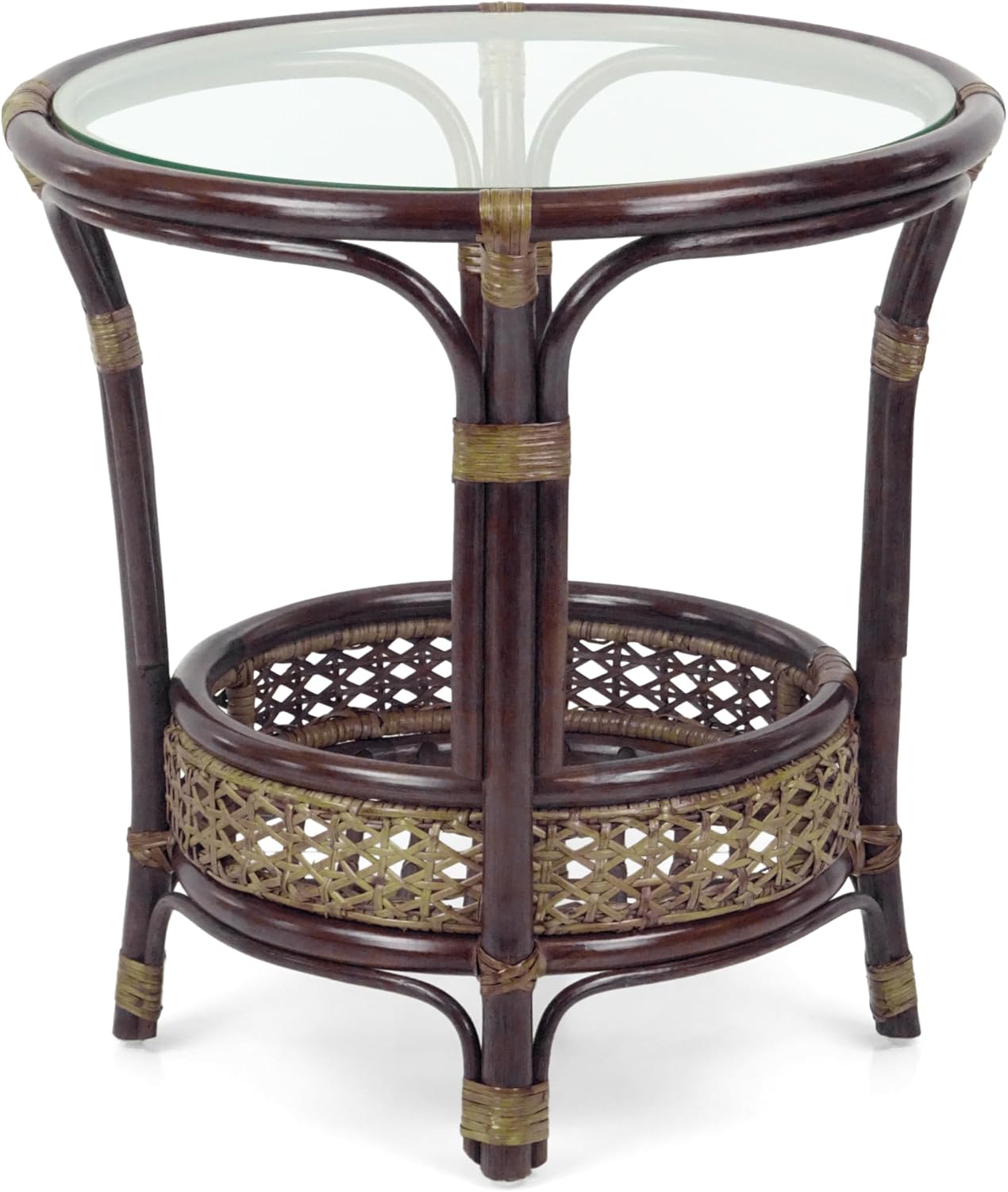 Pelangi Round Coffee Table Natural Rattan Wicker with Glass Top Handmade, Dark Brown
