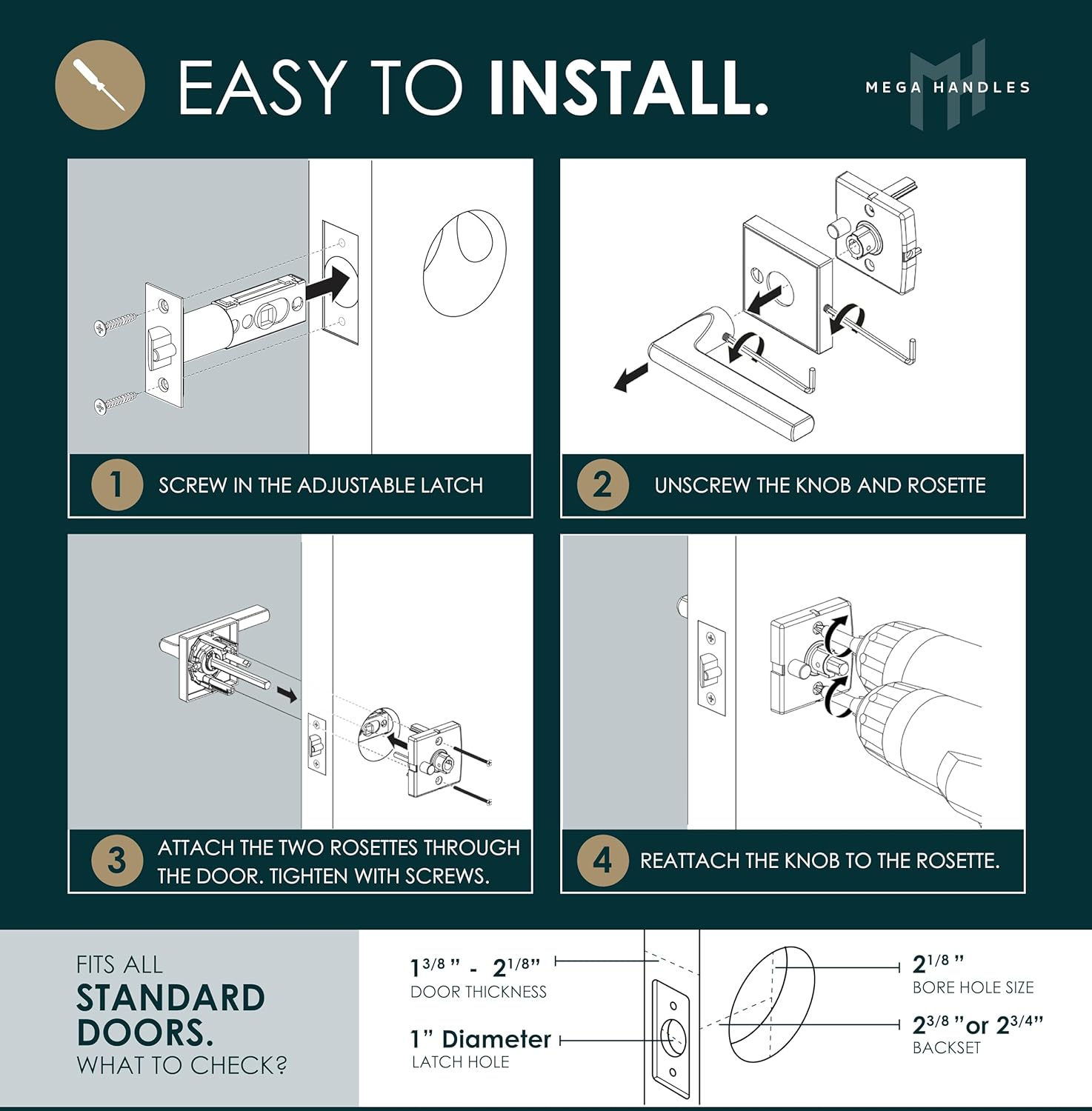 Mega Handles Serrano Passage Door Handle - 1 Pack Reversible Black Door Handle, Heavy Duty No Lock Door Handles Interior for Closet & Hallway, Fits All Standard Door Sizes - Matte Black