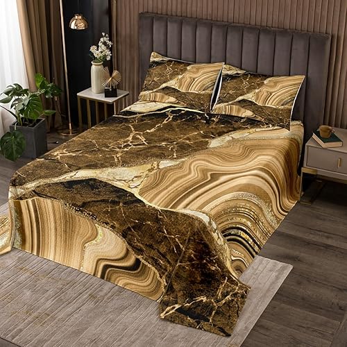 Miniatura 1 de Erosebridal Juego de edredón de mármol amarillo, tamaño King, juego de colcha dorada para hombres, juego de colcha abstracta de mármol metálico con