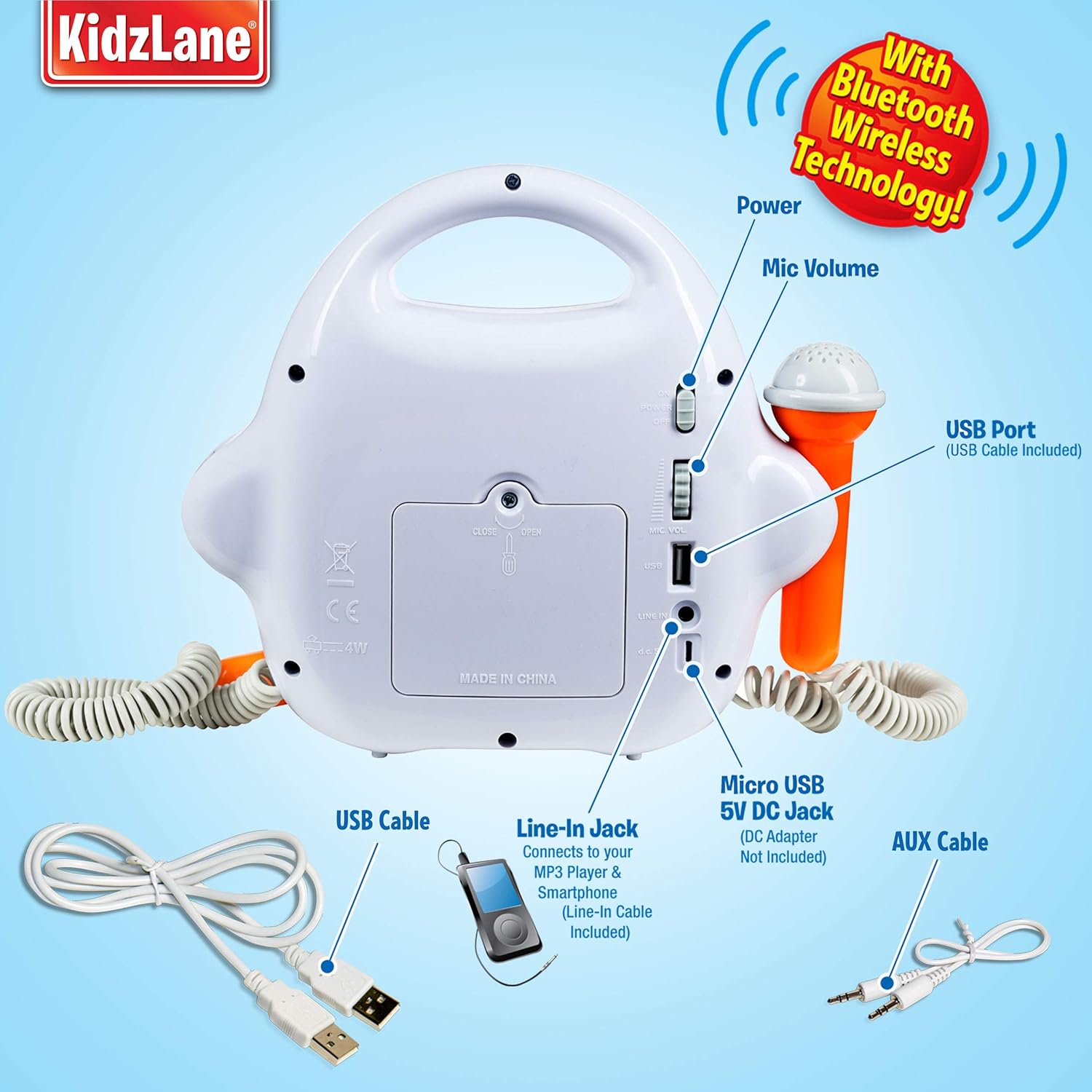 Back panel of Kidzlane Karaoke Machine showing ports