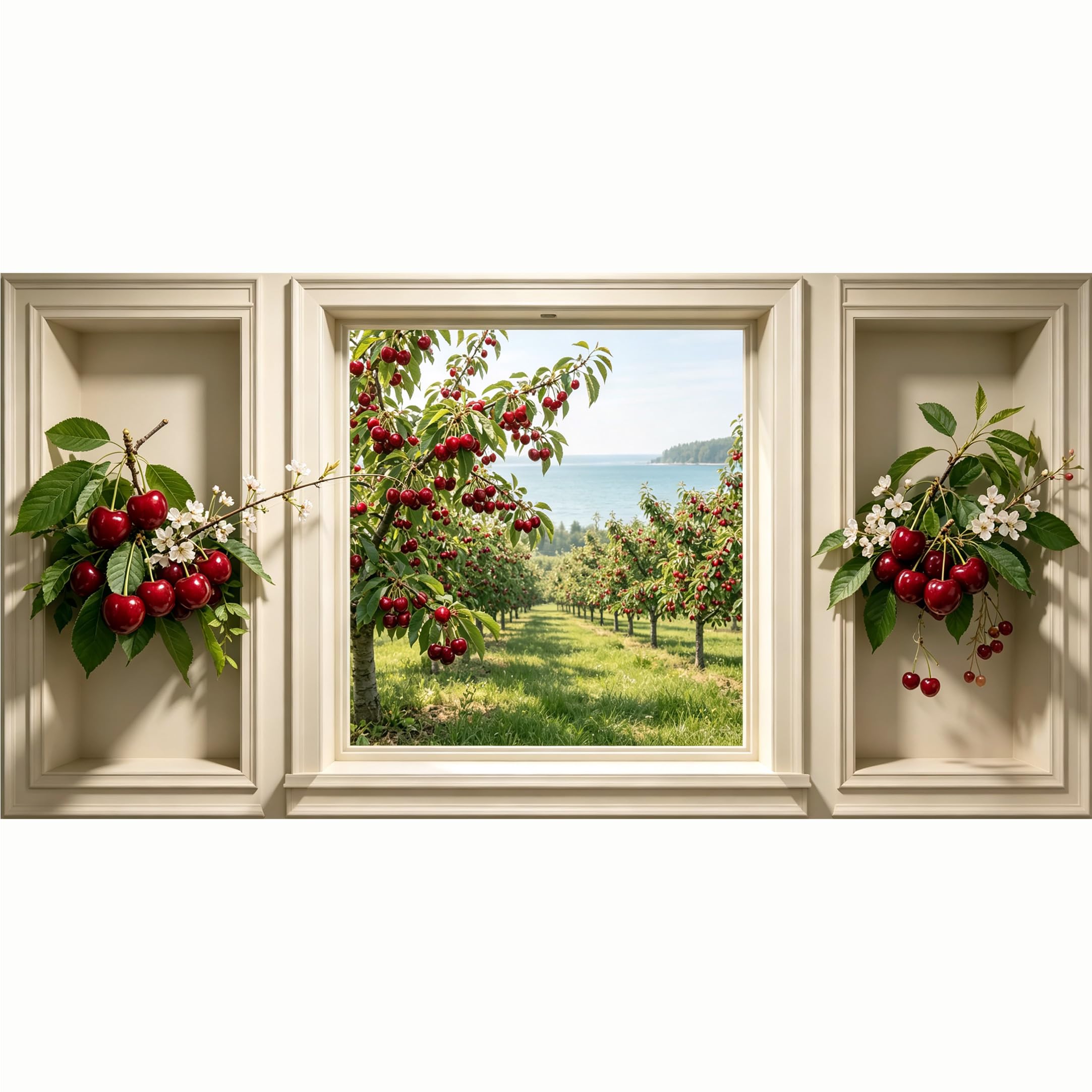 QZLITHOTIC 50x100cm 3D Framed Wall Art， Cherry Orchard Lake View Self‑Adhesive Mural， Water‑Activated Peel & Stick Fabric Decor Wall Decal for Bedroom Living Room