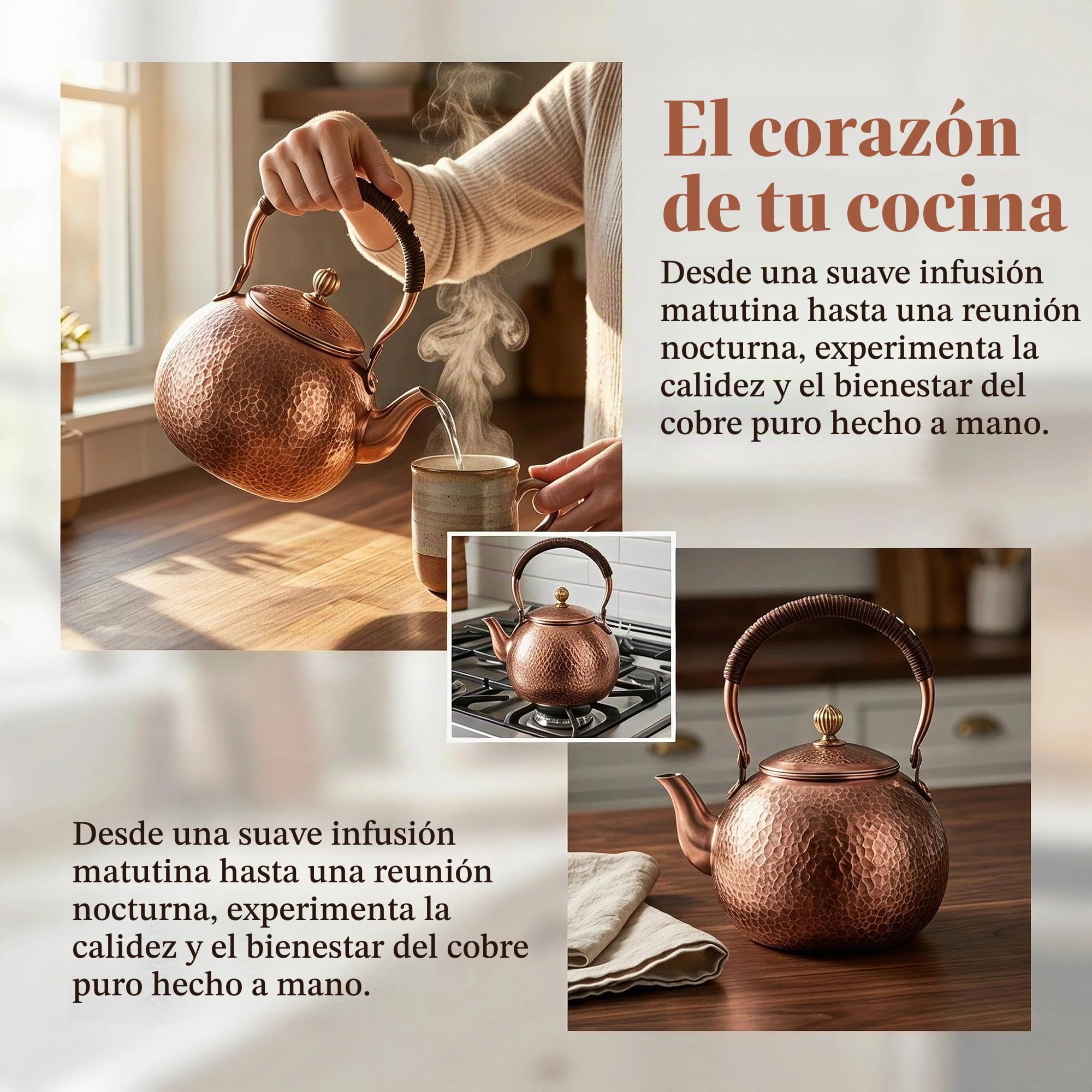 Hervidor de té de cobre martillado hecho a mano para la parte superior de la estufa, 1.6 cuartos de galón (1500 ml), tetera extragruesa con diseño sin revestimiento no tóxico, artesanía