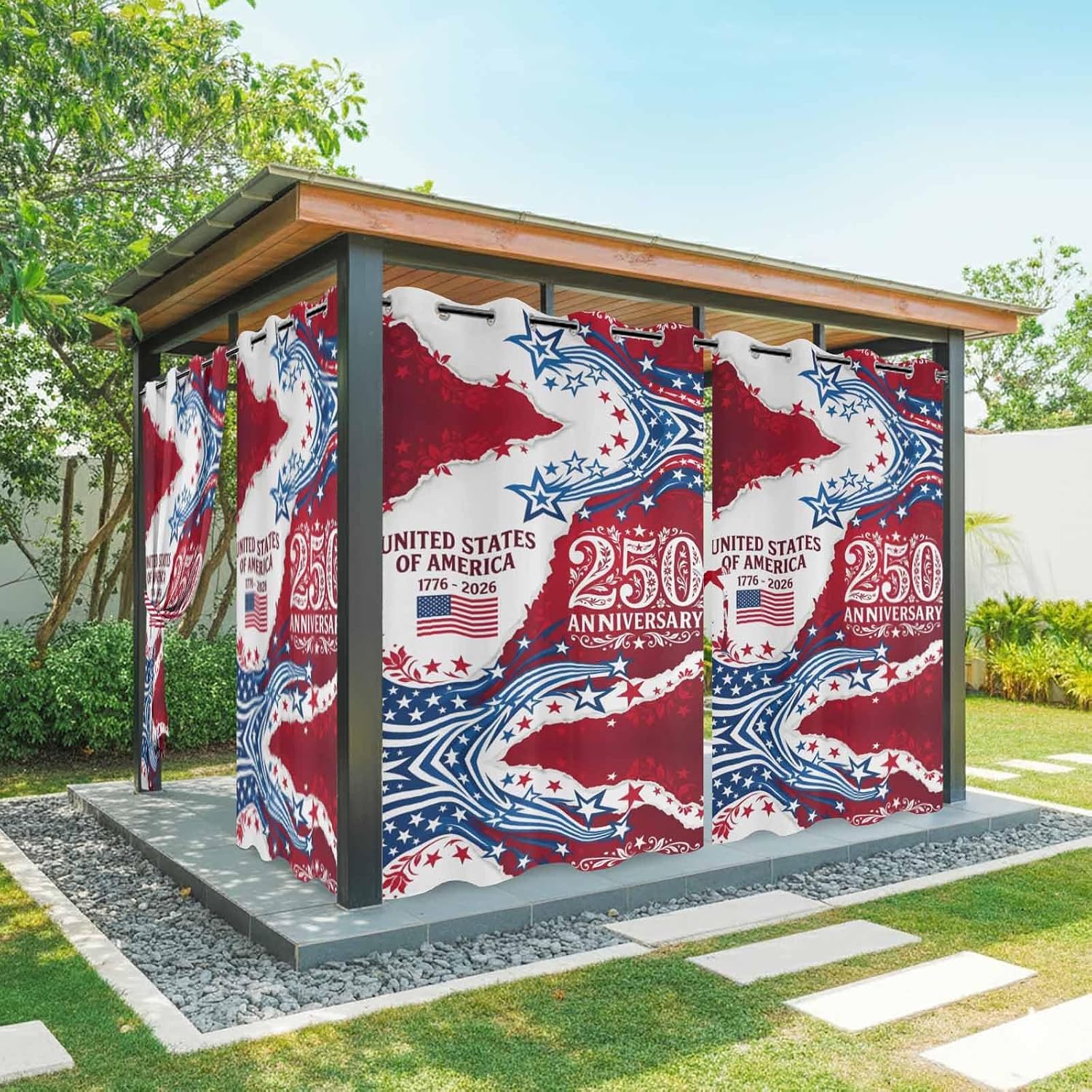 250 Anniversary USA Outdoor Curtains for Patio Waterproof, Grommet Outdoor Privacy Panels, 4th of July 1776-2026 American Flag Weatherproof Outside Curtains for Porch/Cabana 54"Wx108"L, 1 Panel