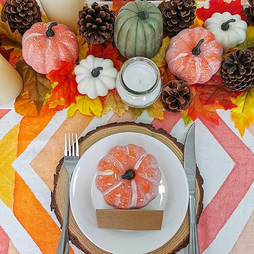 Miniatura 4 de 9 calabazas artificiales pequeñas surtidas de calabazas decorativas de cosecha rústica, calabazas de espuma en naranja brillante, verde y blanco