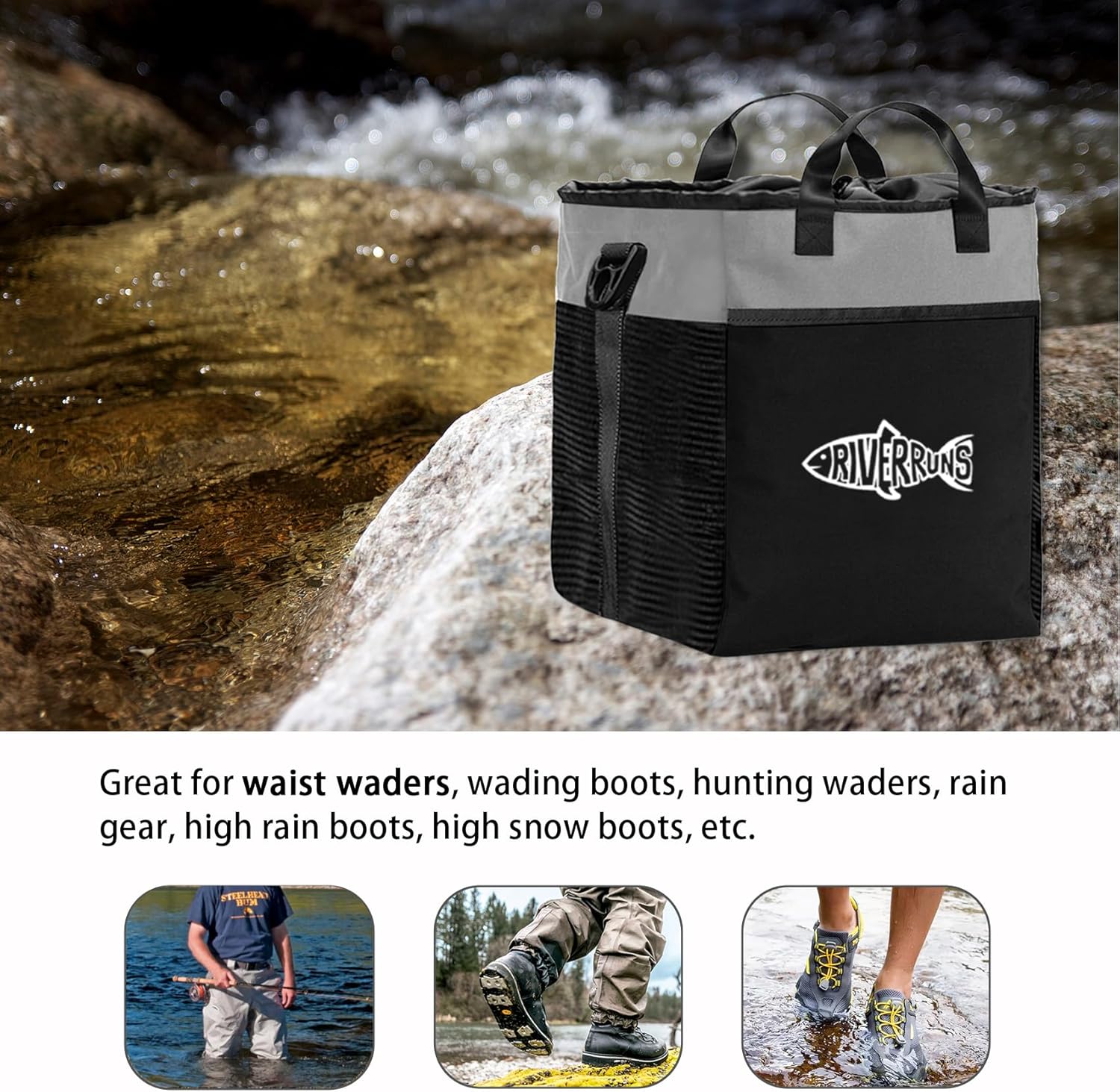 Rivruns Fishing Hunting Wader Bag with Vented Mesh, Waders Boots Storage Bag for Hiking, Camping
