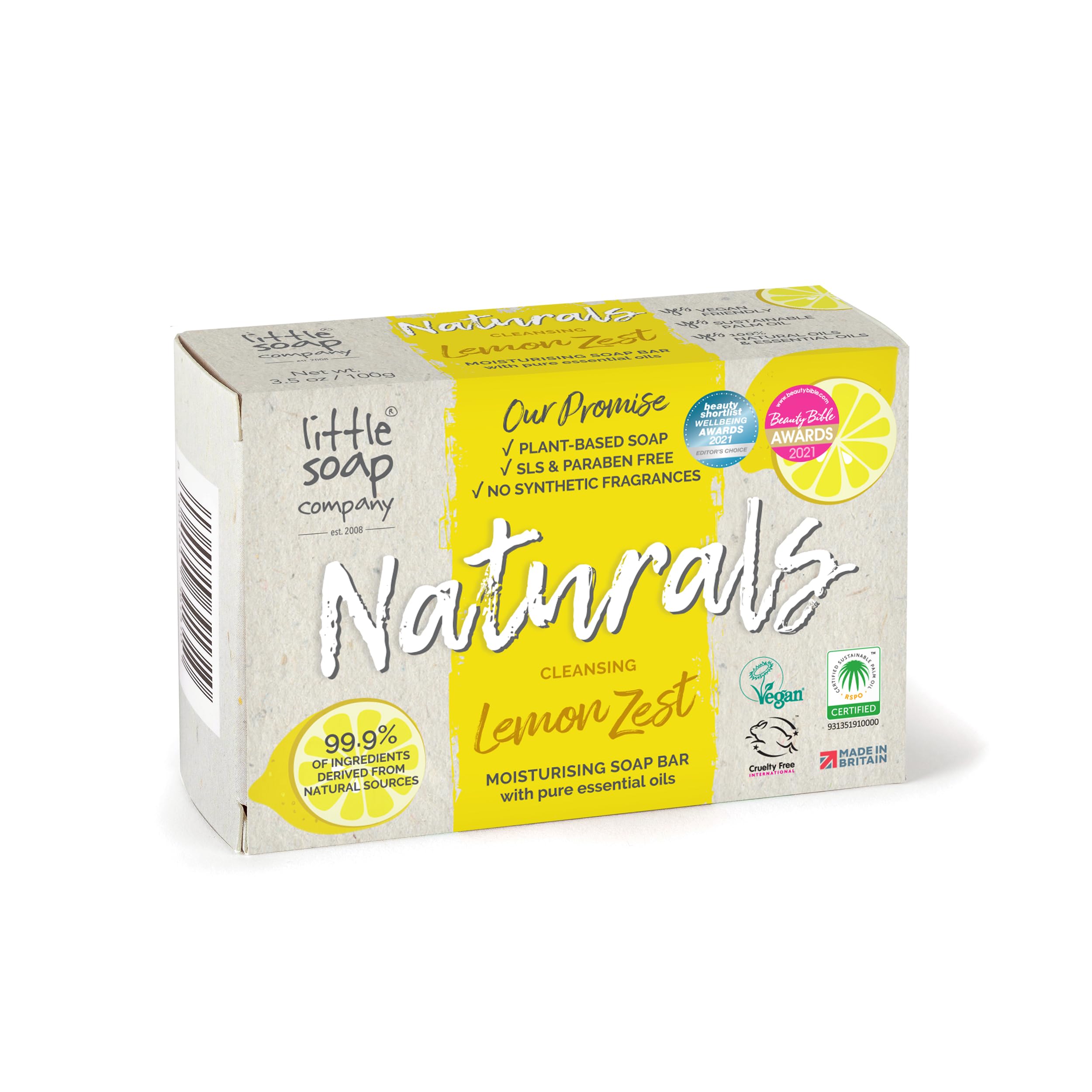 Naturals Range - Bar Soap | Vegan, Cruelty Free, No SLS or Parabens, Refreshing Cleansing Soap bar, Natural Eco Friendly Body & Hand Soap, 100g (Lemon Zest)