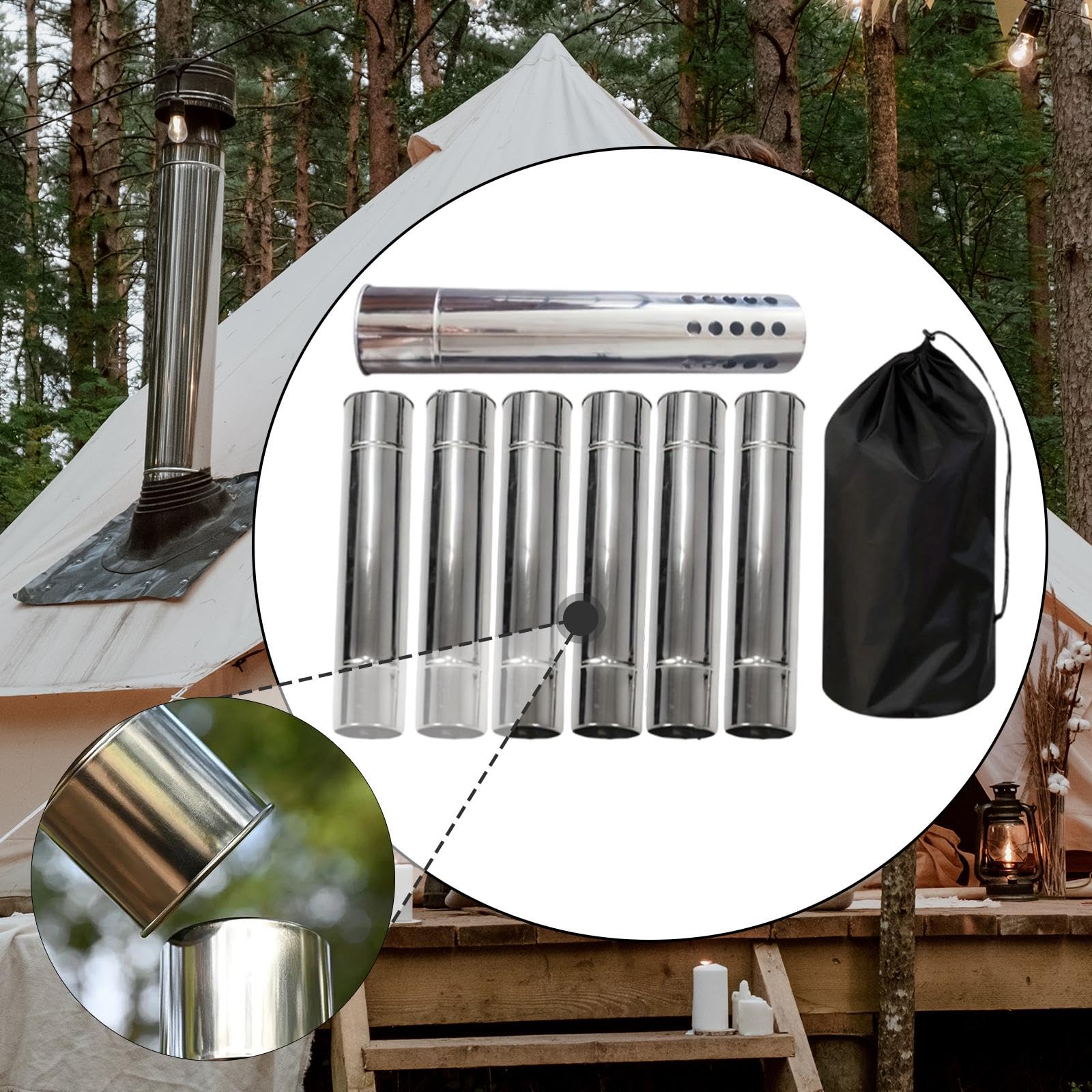 6 Tubos de Chimenea de Acero Inoxidable para Estufa de Camping, para Uso en Exteriores.