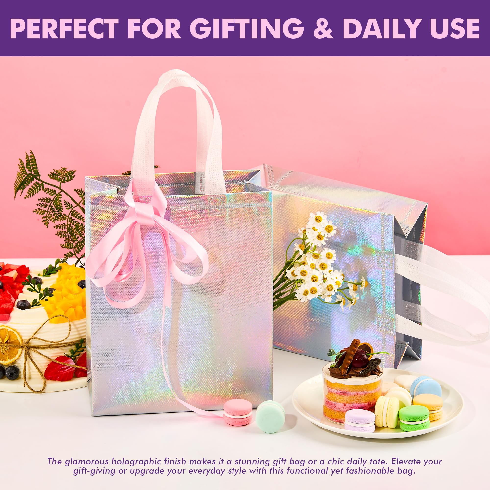 PACKINNO 15 Pcs Iridescent Gift Bags with Handles, 8x4x10 Inch Holographic Reusable Gift Bags Medium Size, Ideal for Birthday, Christmas, Party Favors, Wedding, Holidays, Valentines