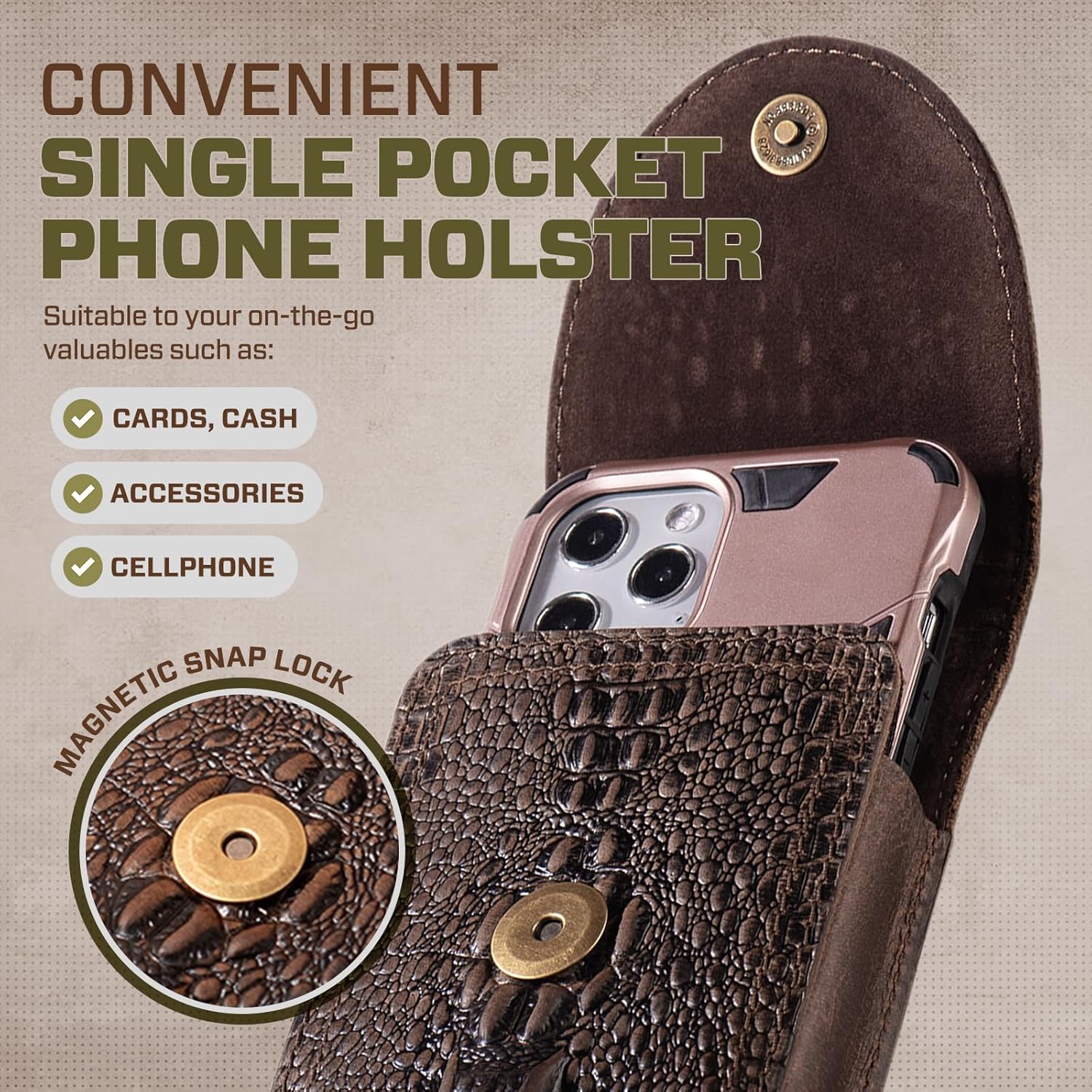 Hengwin Leather Phone Holster Fit for iPhone 17 Pro Max 16 Pro Max 15 Pro Max 14 Pro Max 13 Pro Max Samsung Galaxy A15 S25 Ultra S24 Ultra Holster Belt Clip Pouch Case Cell Phone Holder (Brownish Red) - Image 4