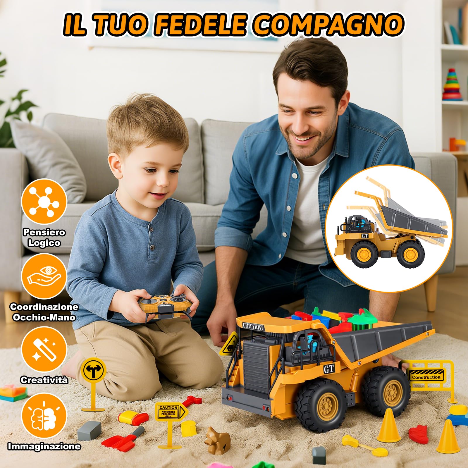 Cheffery Camion Ribaltabile Telecomandato, 2.4GHz Veicolo da Costruzione RC per Bambini, 9 Canali Camion Radiocomandato con Luci e Suoni, Camion Telecomandato per Ragazzi e Ragazze dai 3 anni