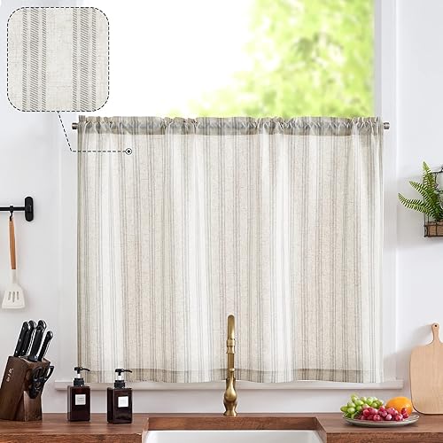 Miniatura 15 de jinchan Cortina de Cocina Bohemia de Lino, Cortina de Nivel Bohemia, Estilo Café de 24 Pulgadas, Cortina Geométrica a Rayas para Ventana Pequeña