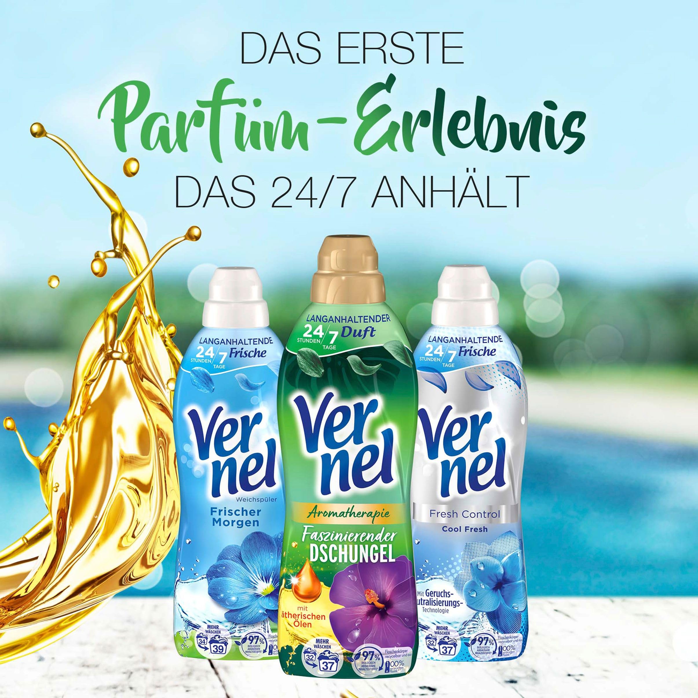 VERNEL Aromatherapie Faszinierender Dschungel Weichspüler 444WL (12x37 Waschladungen), langanhaltender Wäscheduft mit ätherischen Ölen für 24/7 Frische, recycelbare Flasche