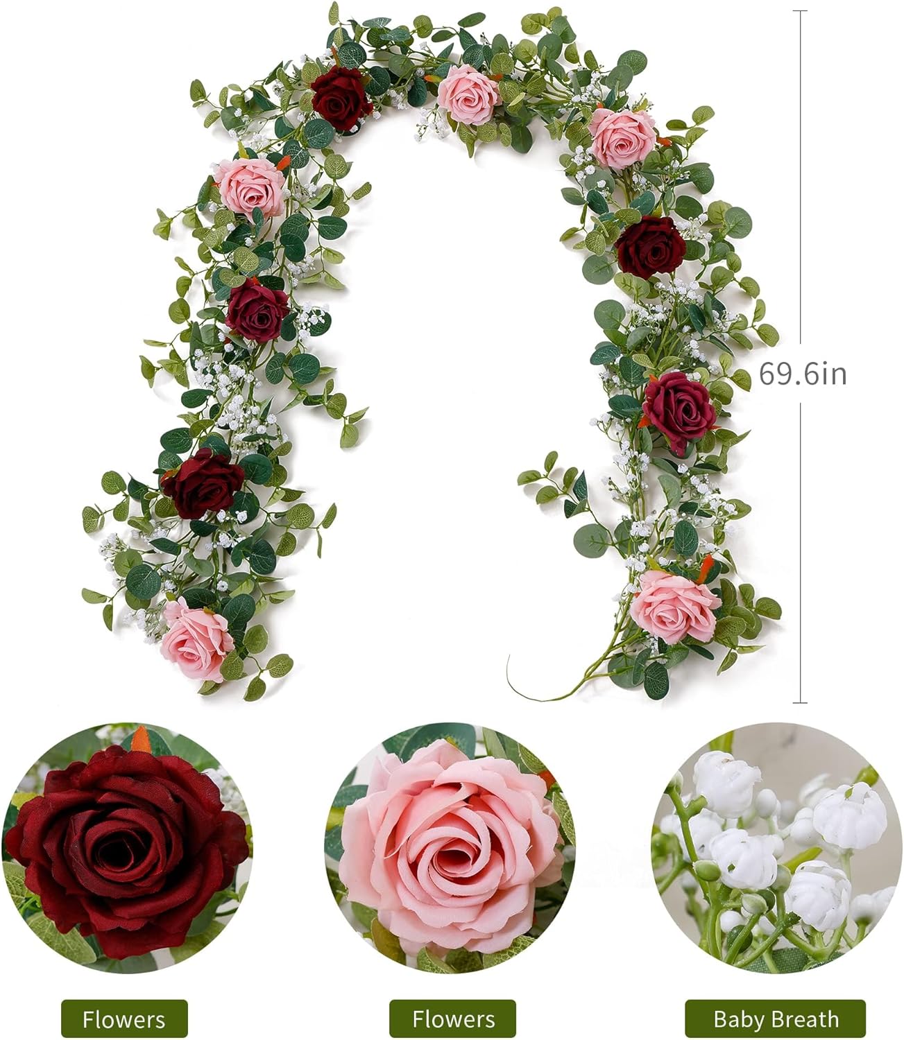 Anna's Whimsy 2PCS 5.91FT Artificial Eucalyptus Garland with Flowers, Fake Rose Gypsophila Garlands, Faux Floral Greenery Garland for Wedding Spring Home Party Table Runner Decor?Dusty Pink? Dusty Pink 2PCS