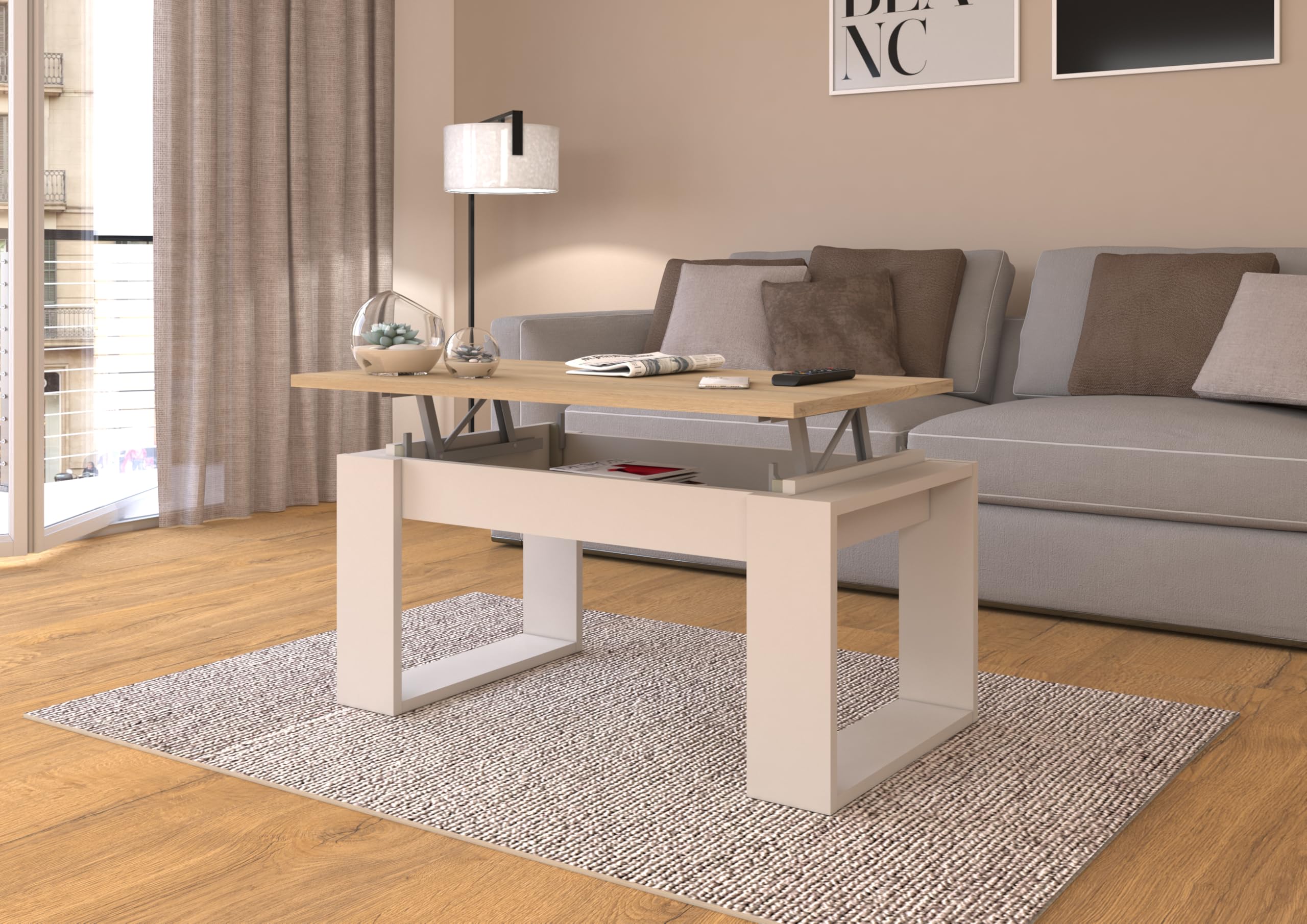 Mobelcenter, Mesa de Centro Elevable Cosmit con Almacenaje, Estilo Escandinavo, Color Roble Torro y Cashmere, Medidas: Medidas Mesa Cerrada: Ancho: 90 cm x Fondo: 50 cm x Alto: 45 cm (1610)