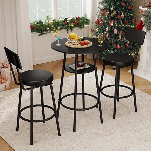 Juego de mesa redonda de bar de 3 piezas, mesa de comedor pequeña para 2, mesa de bar de cocina negra, mesa de desayuno con almacenamiento, 2