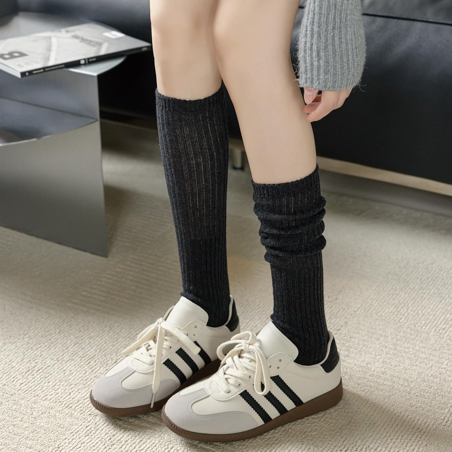 Womens Slouch Long Socks: 4 Pairs Boot Socks Pairs with Sneakers - Knit Ribbed Fabric - Image 6