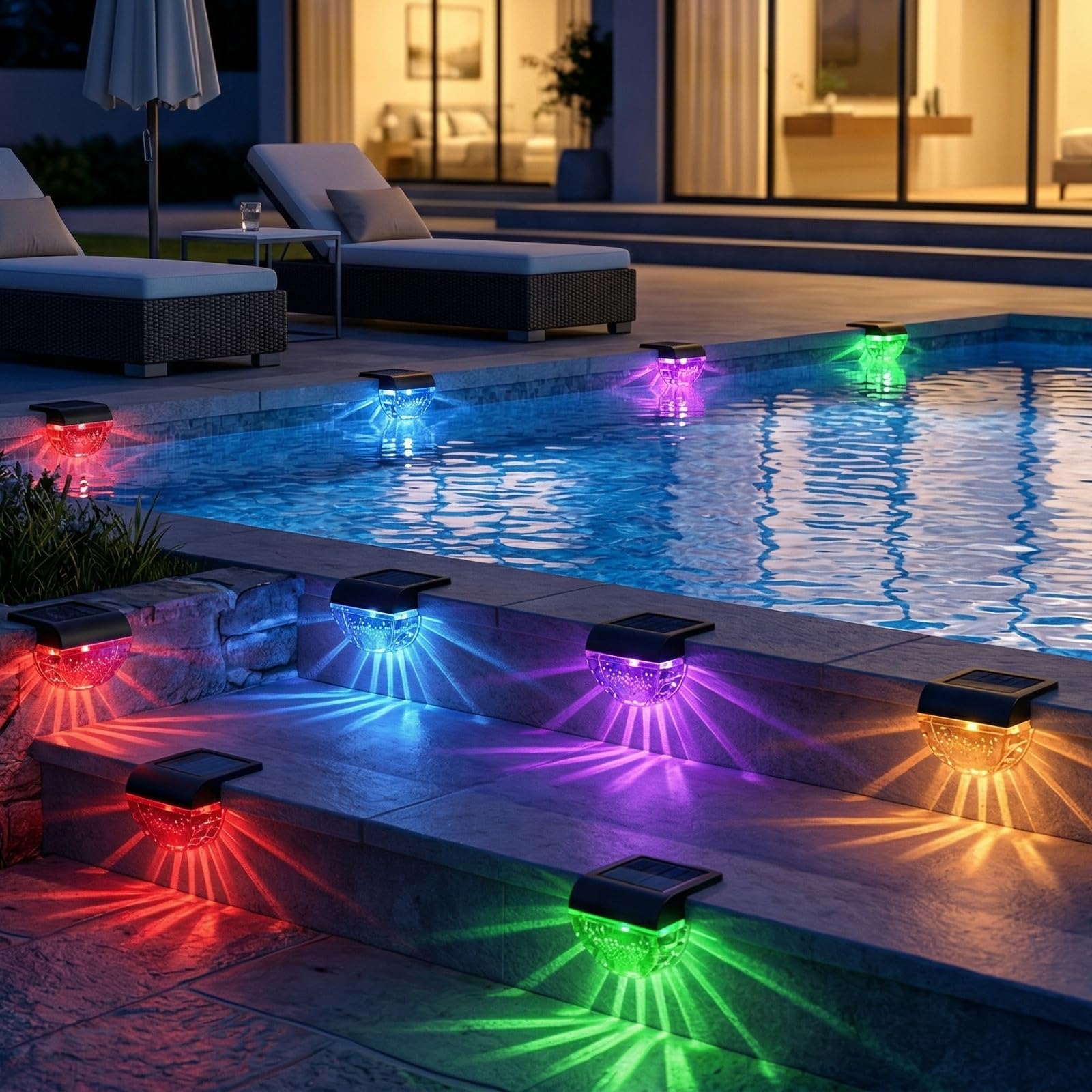 Photo 1 of Melunar 16 Pack Solar Deck Lights Outdoor, Solar Step Lights Waterproof for Outside, Yard, Patio, Garden, Pool, Railing, Stairs, Fence (Color Changing)