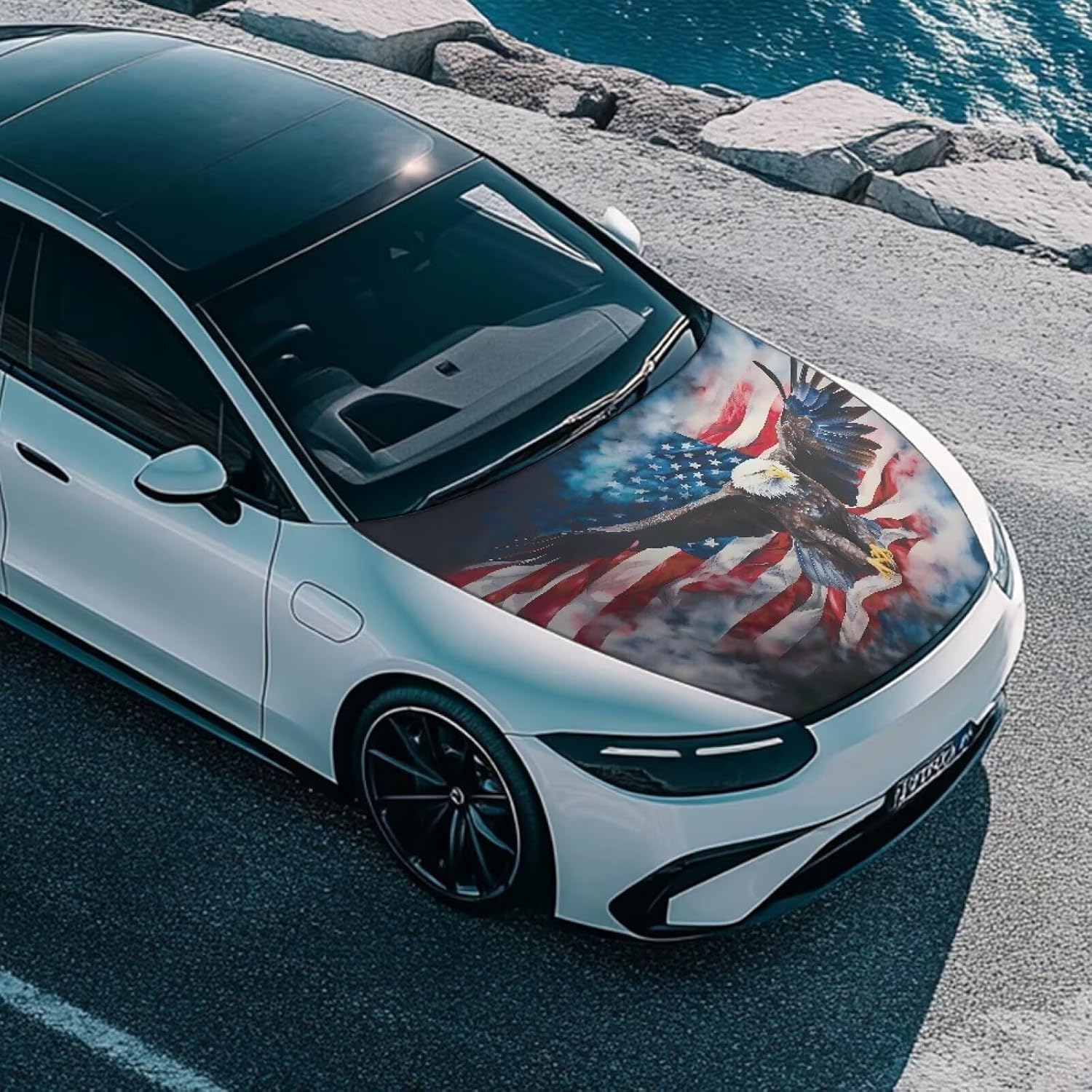 American Flag Eagle Print Car Hood Cover Elastic Polyester Car Hood Protector Auto Patriotic Decorations Waterproof Sunproof Automotive Exterior Accessories