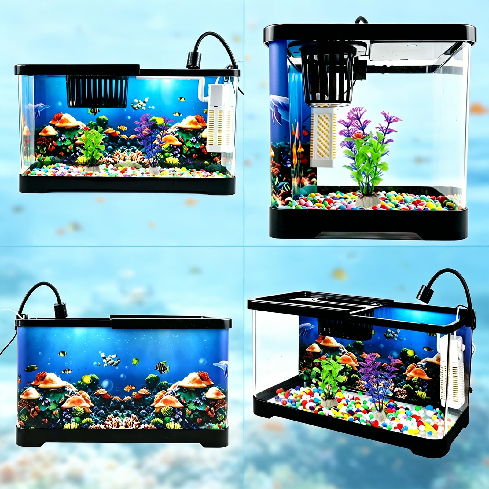 Acquario da 4 galloni - Kit di avviamento per acquario tutto in uno con luce LED per acquario, filtro silenzioso 3 in 1 e sfondo oceano - Acquario da tavolo ideale per pesci tropicali - Perfetto per