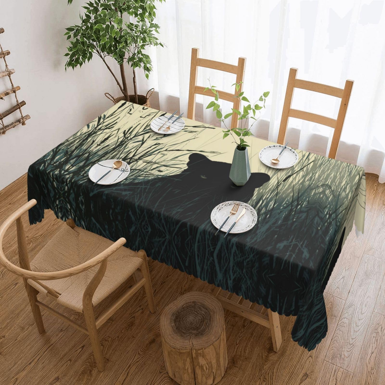QAZWZML Black panther in the grass Printed tablecloth, made of thick polyester with lace trim, suitable for dining rooms, picnics, and weddings