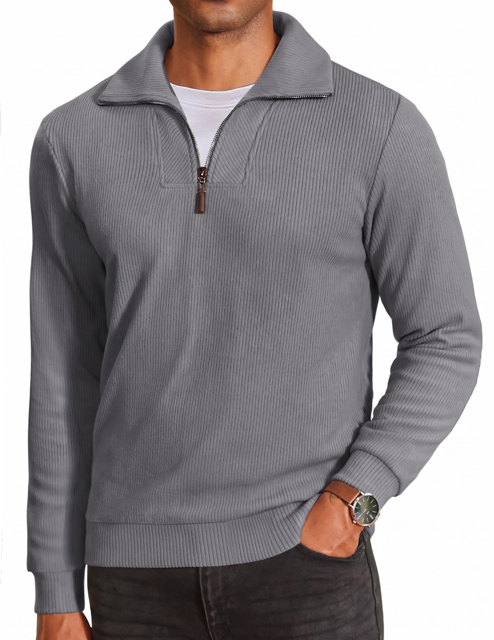 Men's Soft Quarter Zip Pullover Mock Neck Corduroy Sweatshirt
