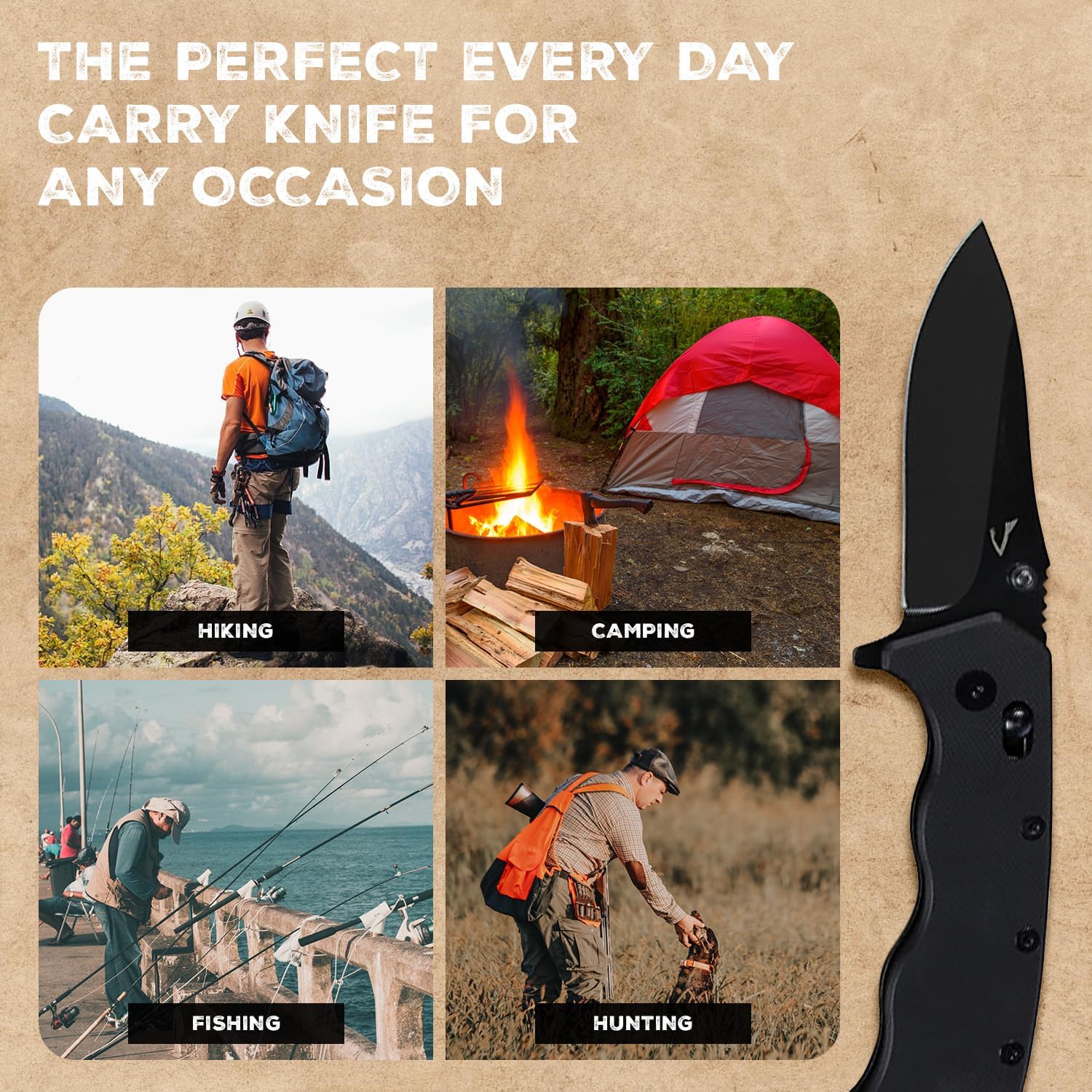 EDC Utility Knife, 3" Sharp D2 Blade, 7.5" Total Length, Textured G10 scale, Crossbar Lock, Reversible Clip, Ball Bearing Pivot, Ideal for Hunting, Camping, EDC Pocket Knife, Plain Drop D2 Steel Pocket Knife