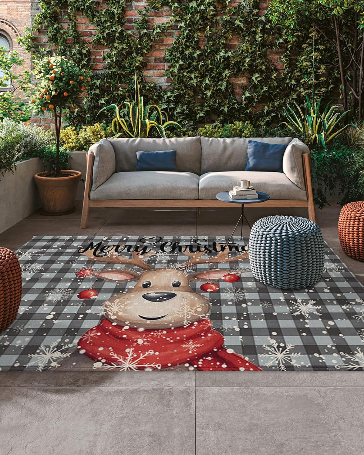 Outdoor Rug, Merry Christmas Elk Colored Ball Scarf Snowflake Winter Black and Blue Plaid Absorbant Non-Slip Area Rugs Mat Carpet for Patio Balcony Porch Backyard Deck Rv Camping 4x6 ft