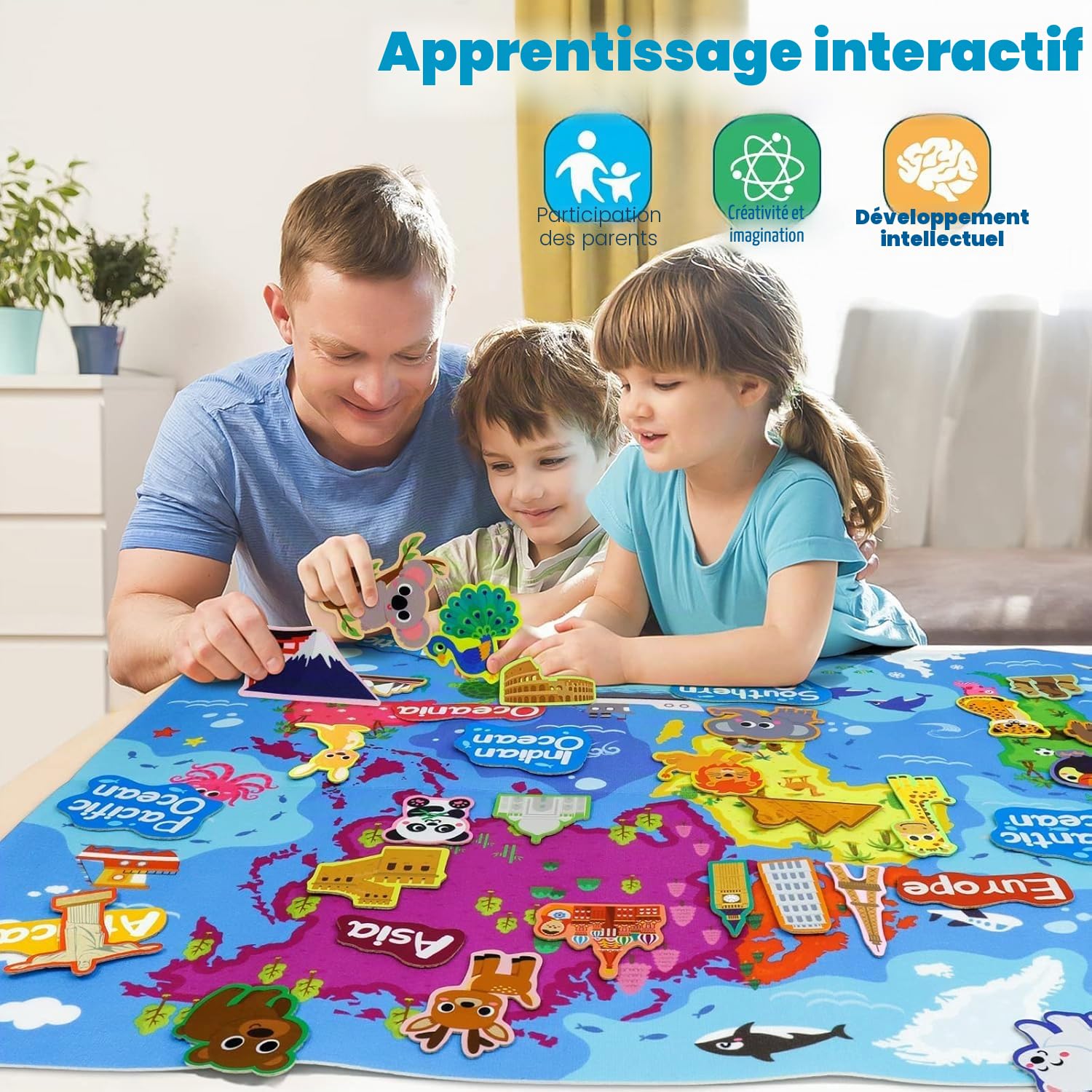 Carte du Monde en Feutrine 110x70 cm avec Monuments et Animaux | Set Éducatif Montessori à Velcro | Tapis d’Apprentissage pour Enfants 4+ | Découverte des Continents et Cultures