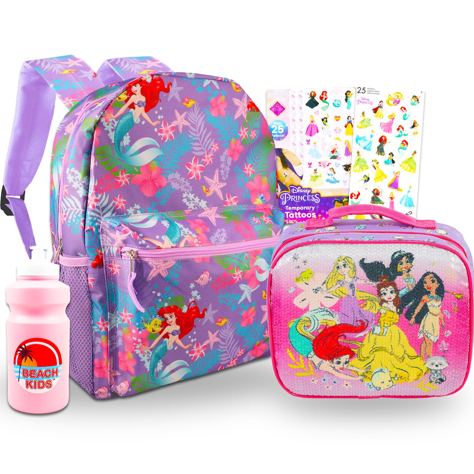 Disney The Little Mermaid Backpack and Lunch Bag - Bundle with 15” Ariel Backpack, Lunch Box, Water Bottle, Stickers, Tattoos | Little Mermaid Bag for