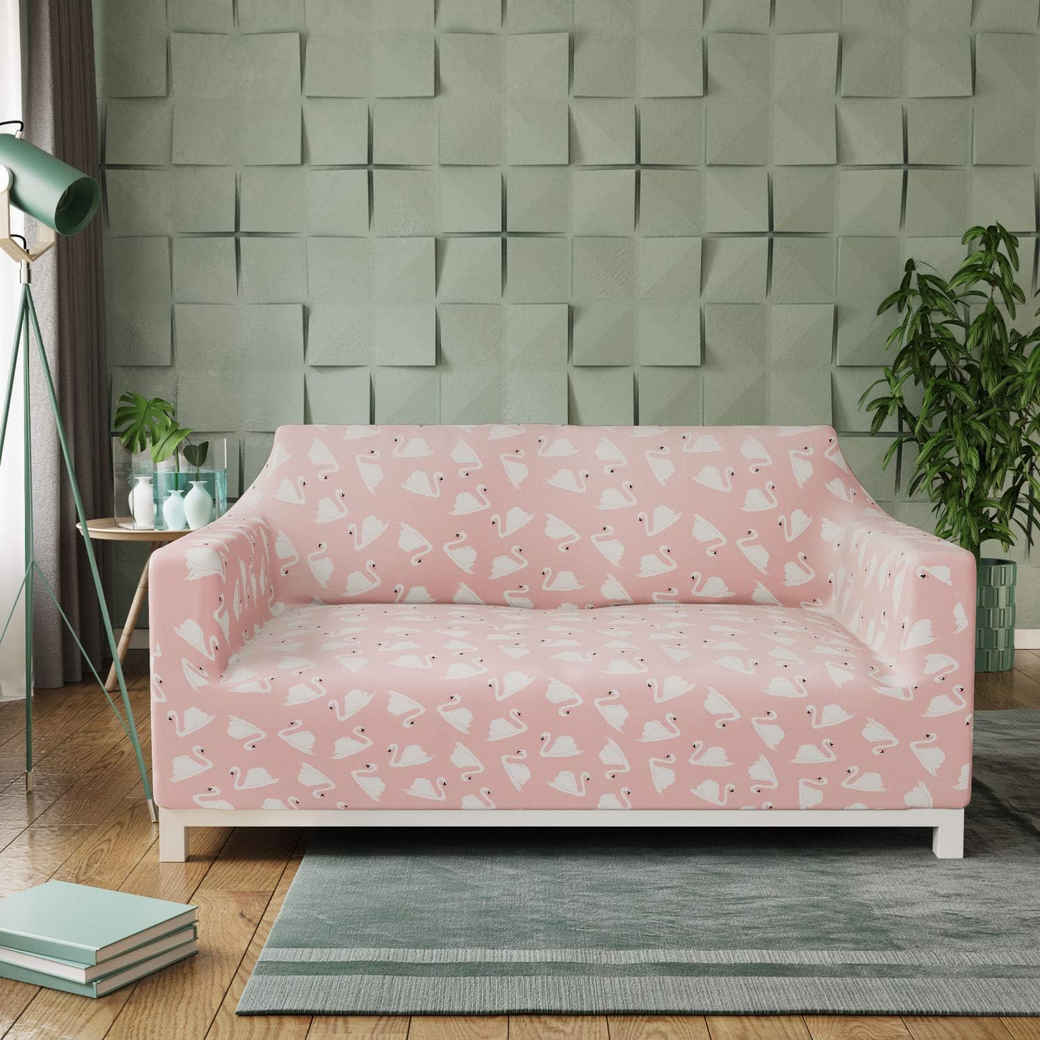 Lunarable Pale Pink Furniture Slipcover, Swans in a Lake Inhabitants on a Pastel Tone Backdrop, Stretch Couch Cover Decorative 1 Piece Protector, Loveseat, Pastel Pink White