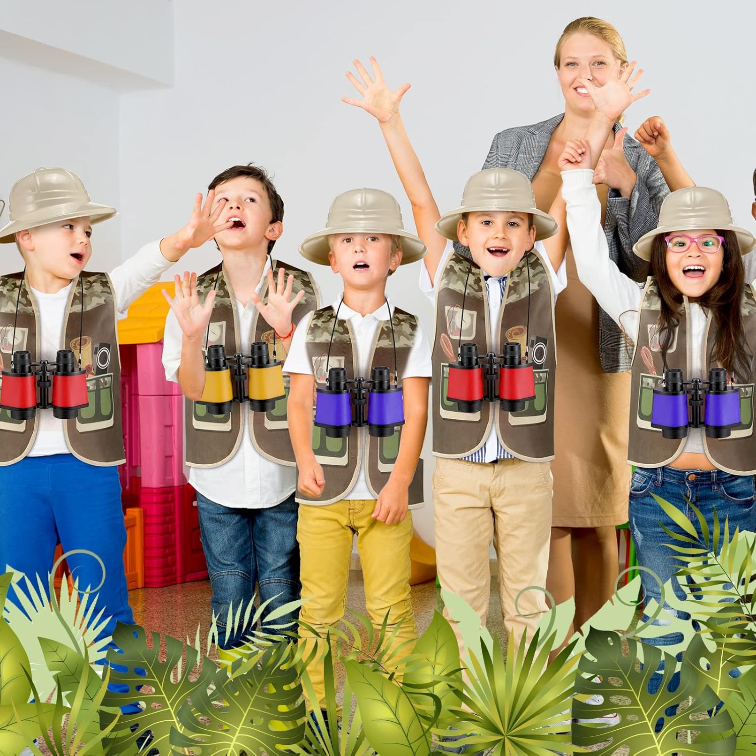 Unittype 64 Pcs Kids Explorer Costume Safari Set Include Plastic Explorer Hats Jungle Party Vest Safari Tote Bag Adventure Binoculars for Kids Activities Outdoor Zoo Party Favors Birthday Supplies