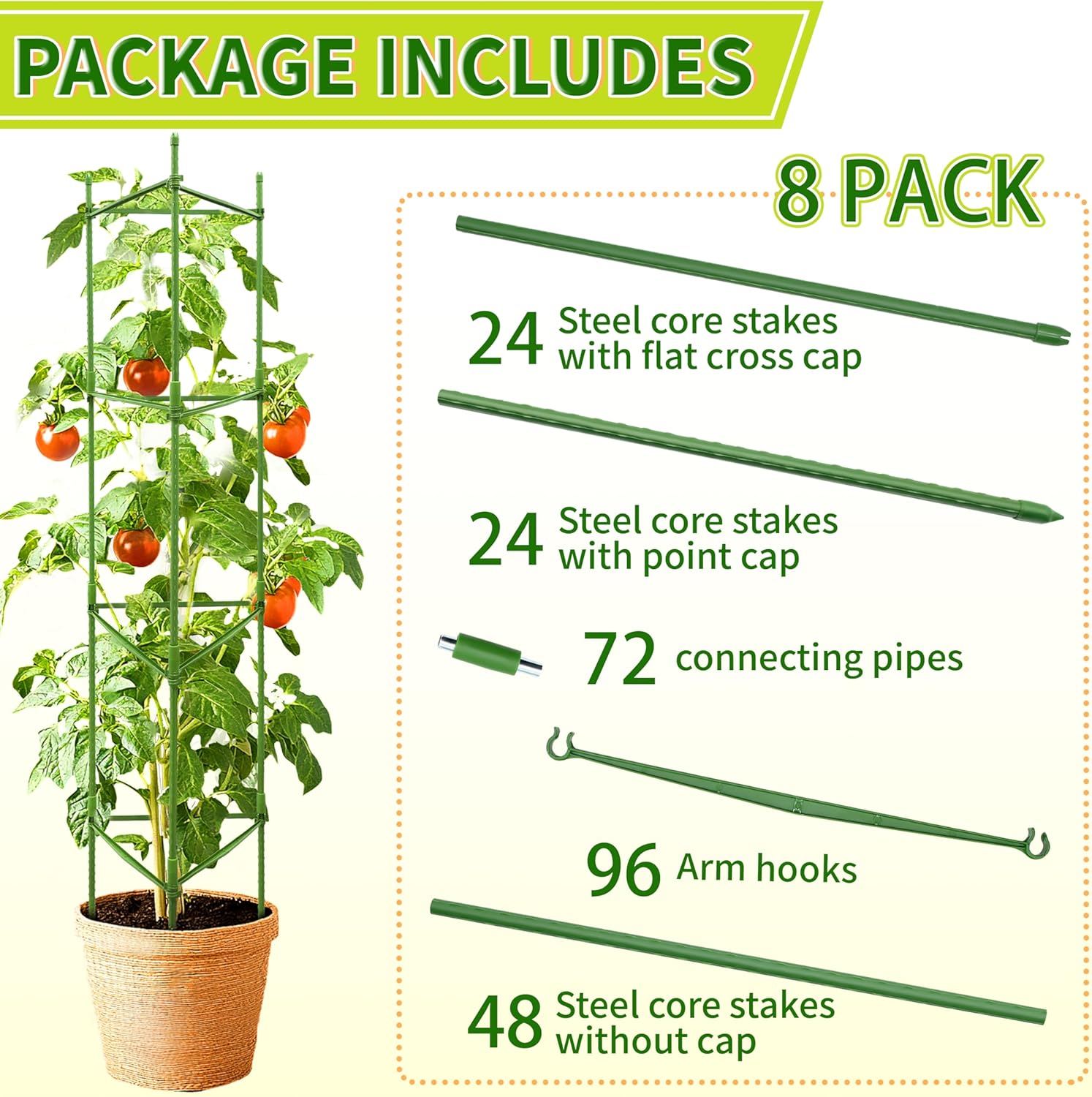 63-Inch Heavy Duty Tomato Cages, 8-Pack Extra Tall Metal Tomato Trellis, Steel Tube Plant Cage for Indeterminate Tomatoes, Cucumbers, Pole Beans – Rust-Proof Coated