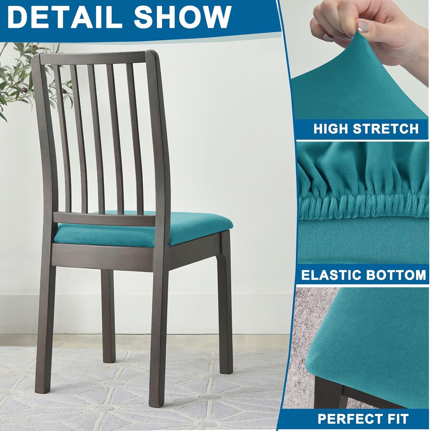 Velvet Dining Chair Seat Cover, Soft Seat Covers for Dining Room Chairs 2 Pack Stretch Seat Covers for Dining Chairs Non Slip Chair Seat Cover for Hotel-Blue B-Set of 2
