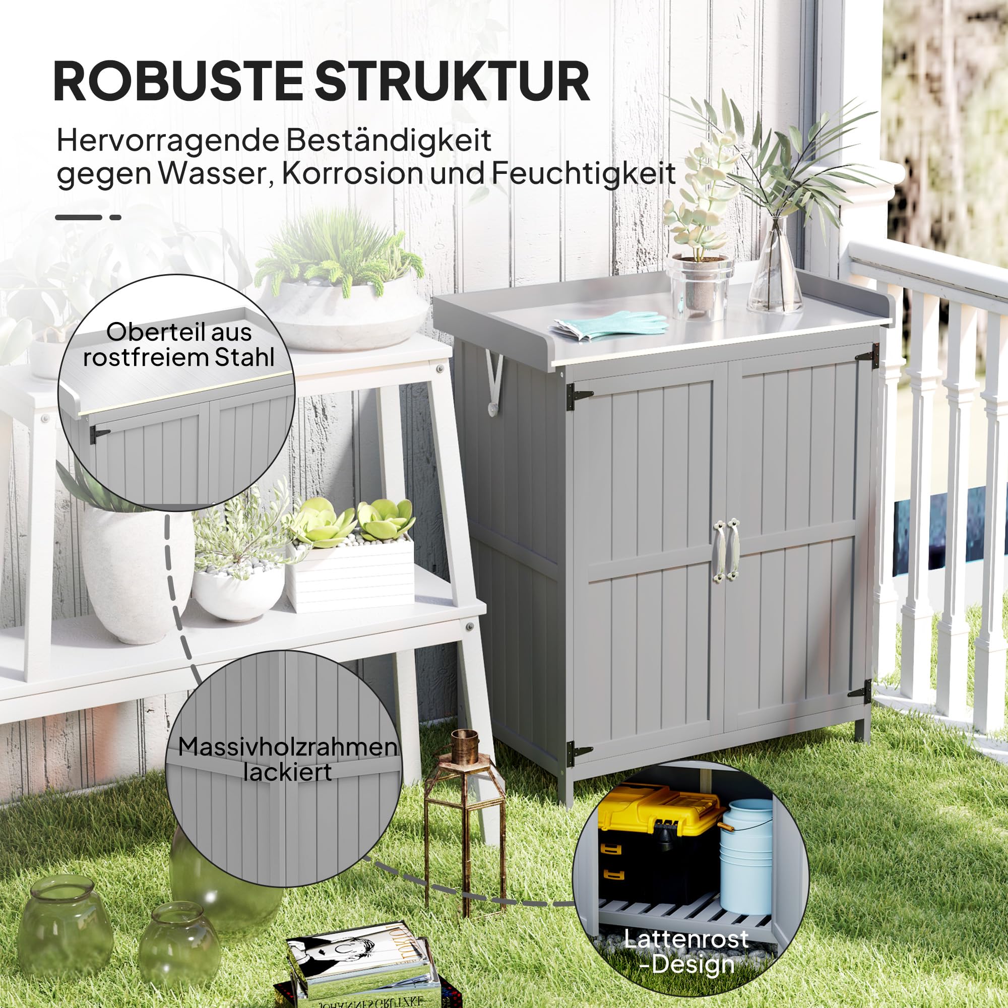 Outsunny Gartenschrank Holz wetterfest 74x43x88cm Gerätehaus mit Klappdach Ablagen Arbeitsfläche Grau