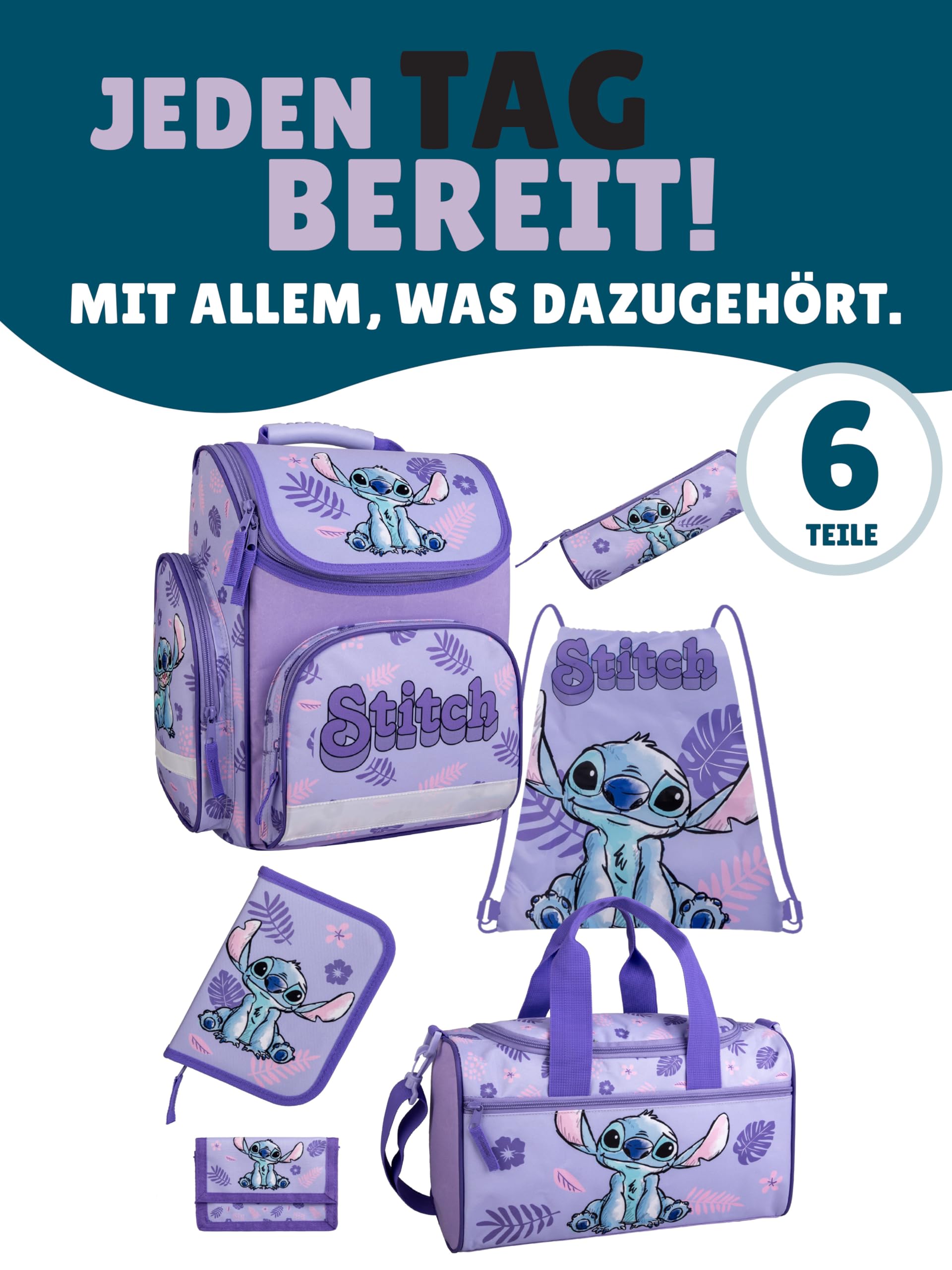 Familando - Schulranzen Set - 6-teilig mit Sporttasche - Disneys Lilo und Stitch - Ergonomisch, stabil & mit gepolstertem Rücken - 930g leicht - 15L Volumen - Mit Reflektoren - 1. Klasse
