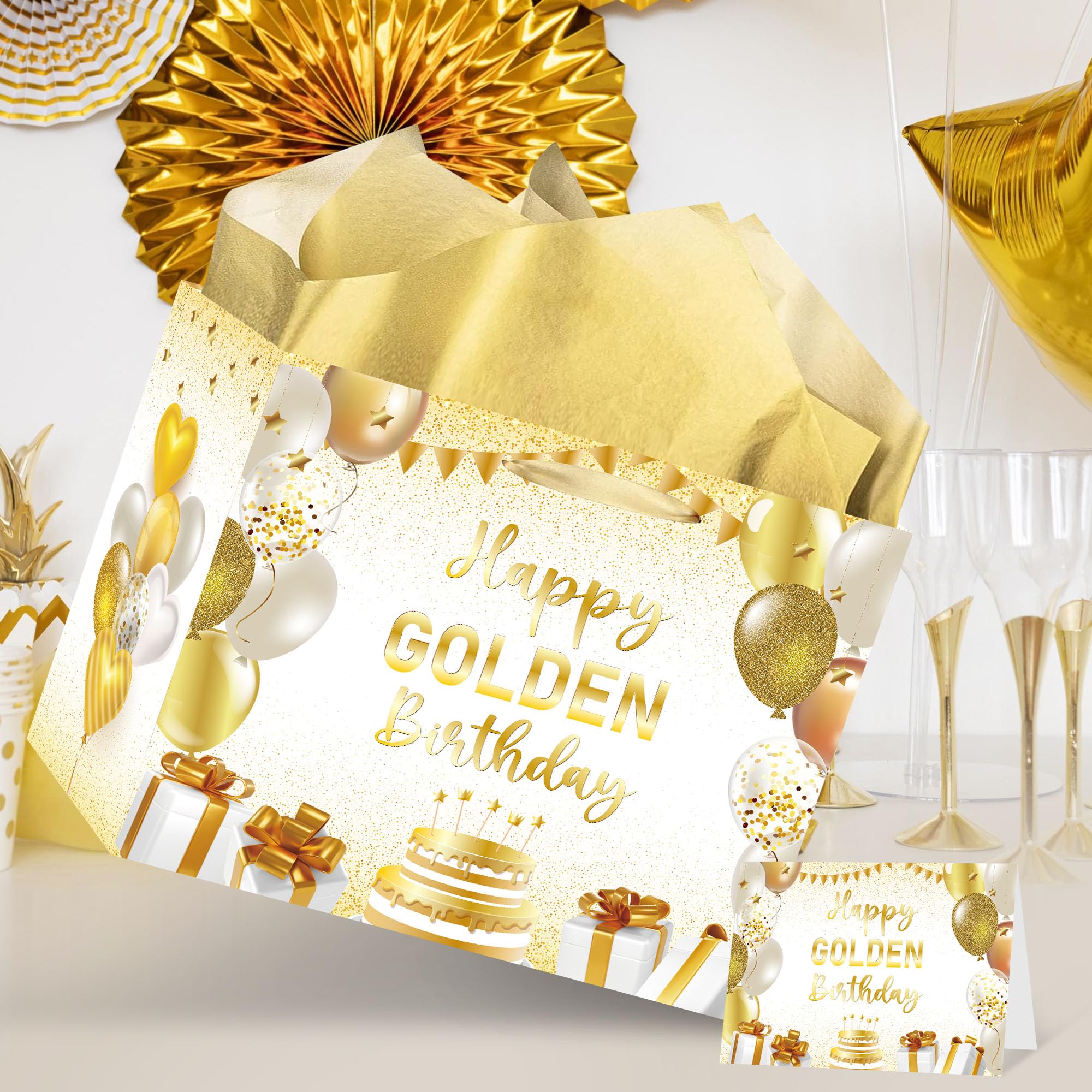 Large Golden Birthday Gift Bags With Glitter - Extra Big 12x12 Inch Glam Gift Wrap For Golden Birthdays, Milestone Parties, 30th, 50th & More