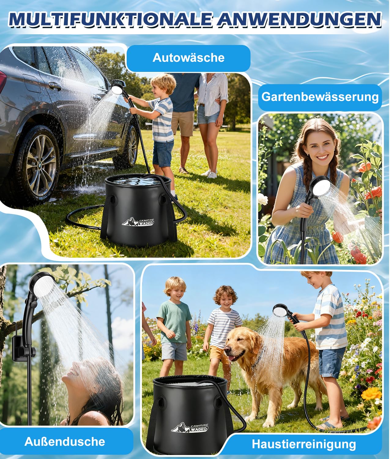 WADEO Tragbare Campingdusche akku 6000 mAh mit Pumpe Tauchsieder und 20l-Wasserbehälter, wasserdichte Campingpumpe Outdoor-Duschset mit Heizfunktion für Wandern Reisen Garten Autowäsche Notfälle