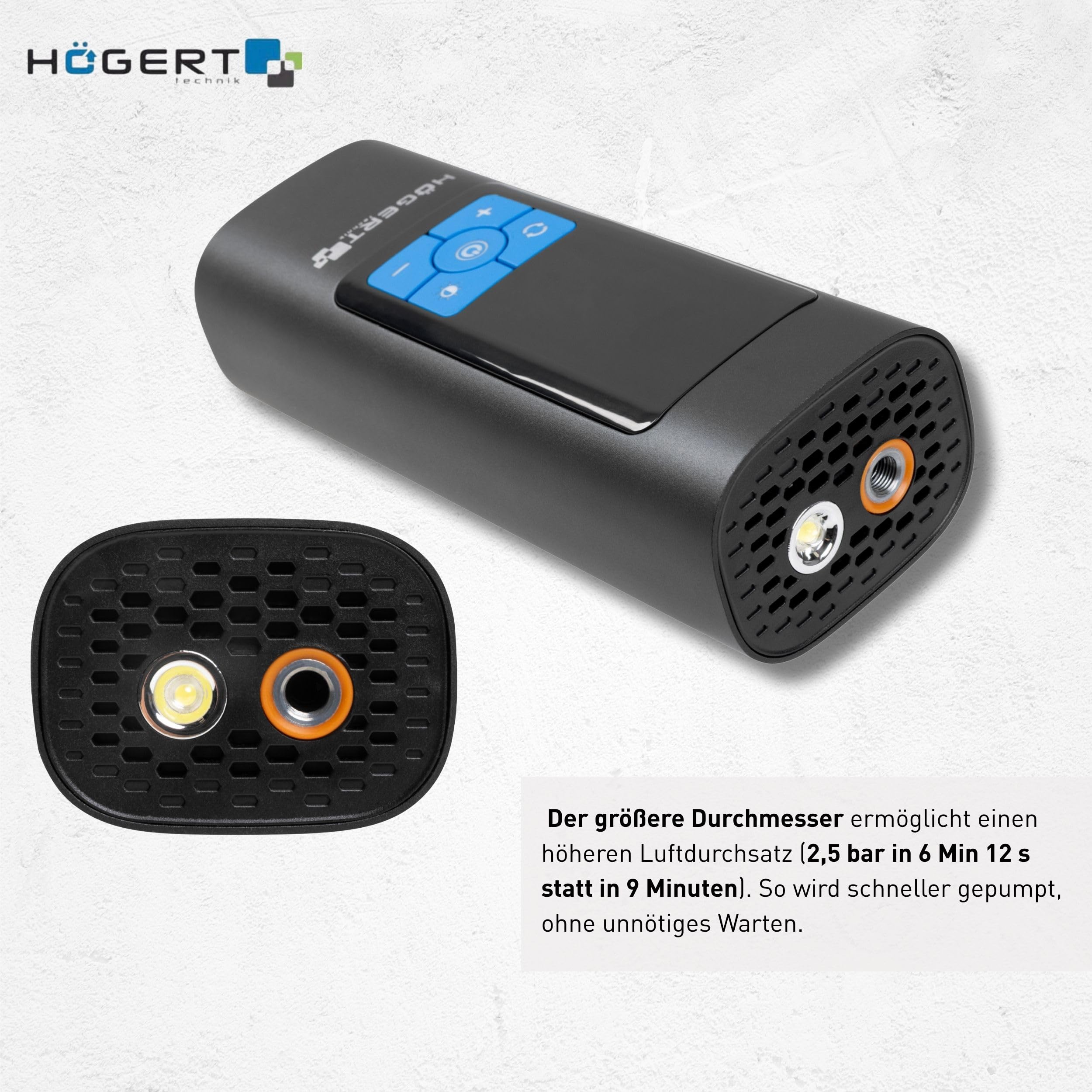 HÖGERT TECHNIK Tragbare Akku Elektrische Luftpumpe 145PSI 3in1, Mini Kompressor mit Powerbank & LED Licht, Mobiler Luftkompressor Fahrradpumpe Auto Motorrad Ball Matratze, USB-C Ladegerät