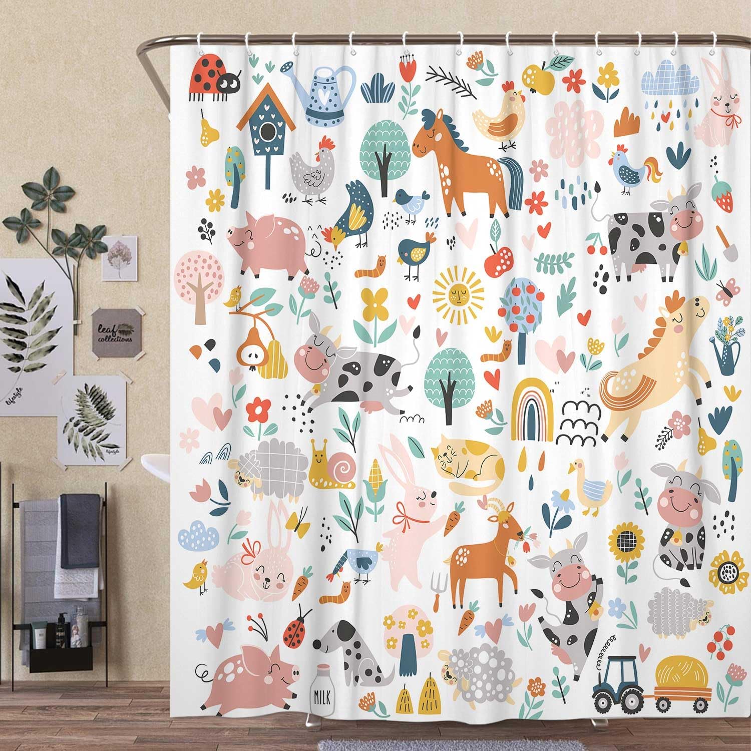 Boho Rustic Farm animals shower curtain, Colorful Kid Funny Cartoon Animal Boys Kids Shower Curtain for Bathroom, Funny Farmhouse Pig Cow Cat Set Fabric Bathroom Accessories Sets with Hooks, 70X85IN