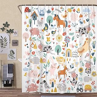 Boho Rustic Farm animals shower curtain, Colorful Kid Funny Cartoon Animal Boys Kids Shower Curtain for Bathroom, Funny Farmhouse Pig Cow Cat Set Fabric Bathroom Accessories Sets with Hooks, 70X70IN